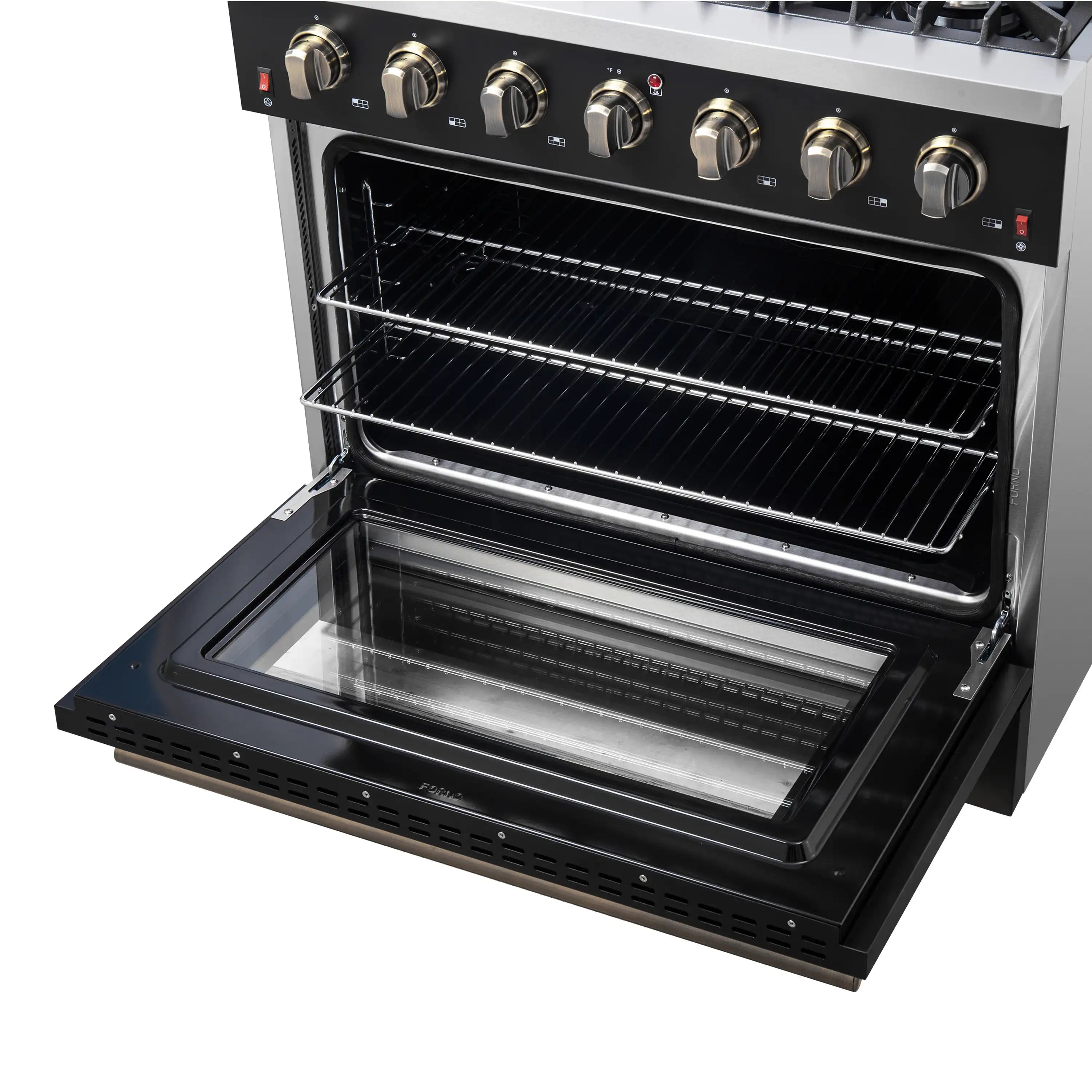 Gas range oven with open door, metal racks, and front glass panel