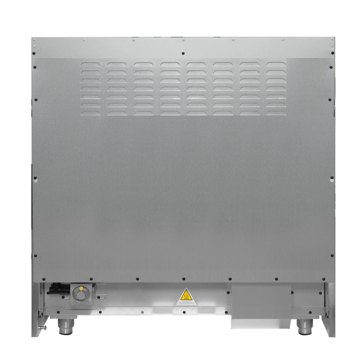 Gas range rear access panel with vented grille and control connections