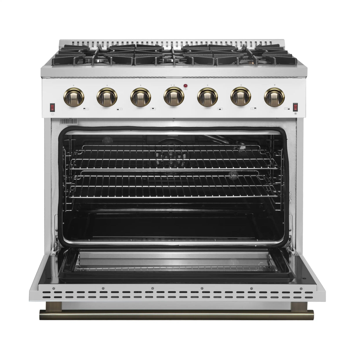 White 36-inch gas range with open oven door, racks, and brass control knobs