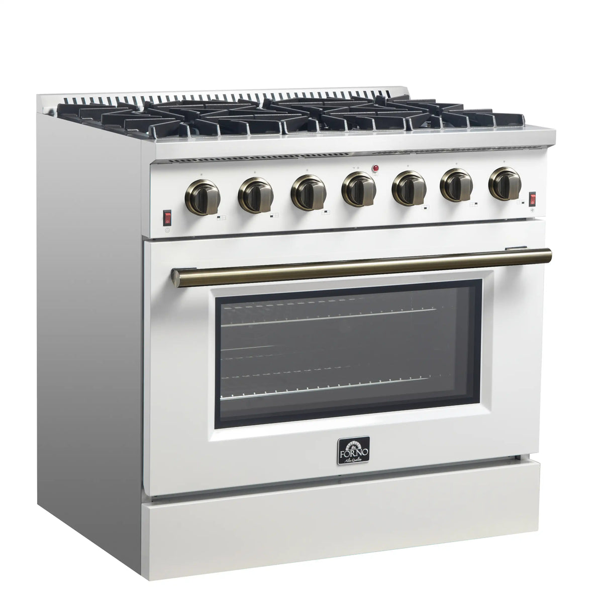White 36-inch gas range with 6 burners, antique brass trim handle, dark oven window