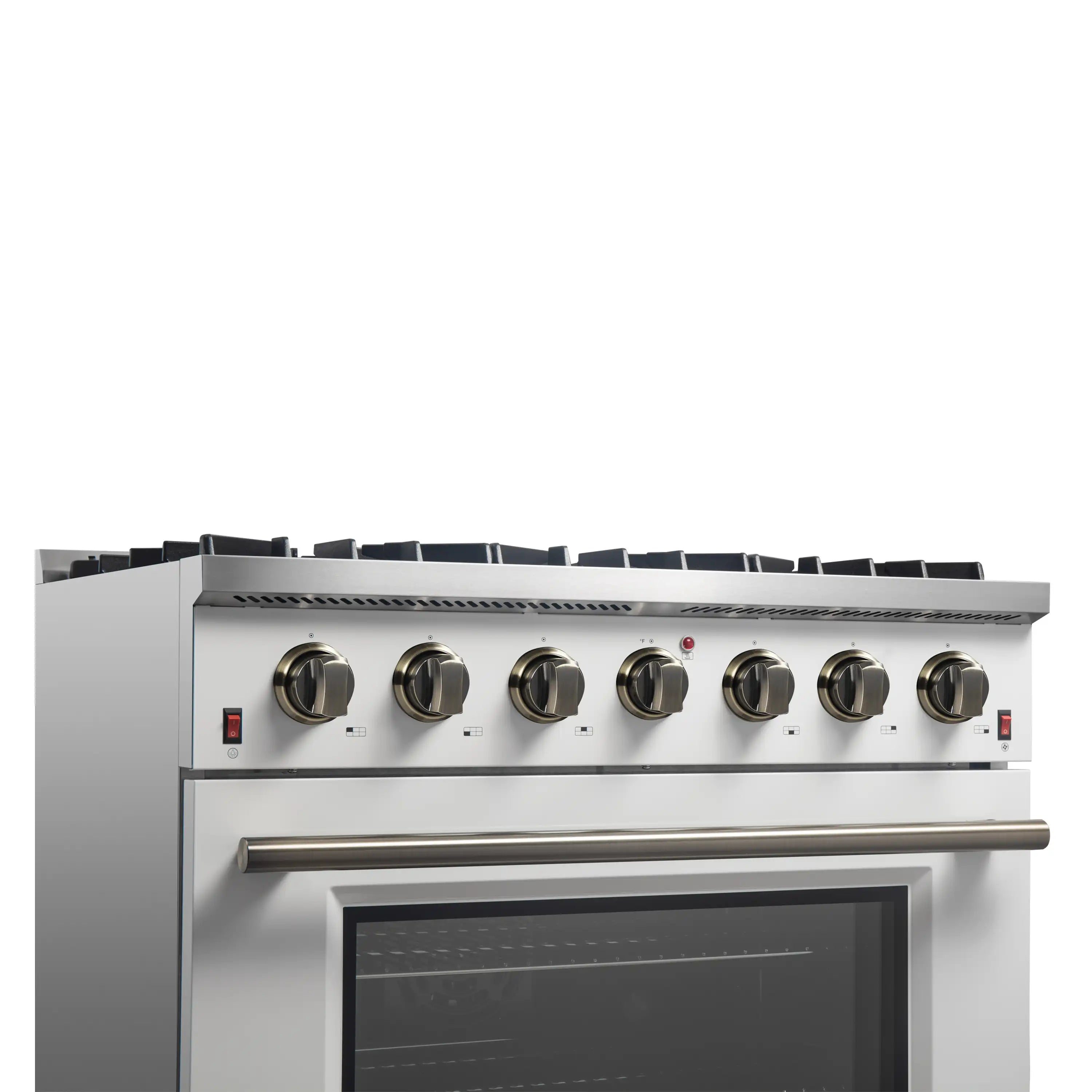 White 36-inch gas range front with brass control knobs and burner grates