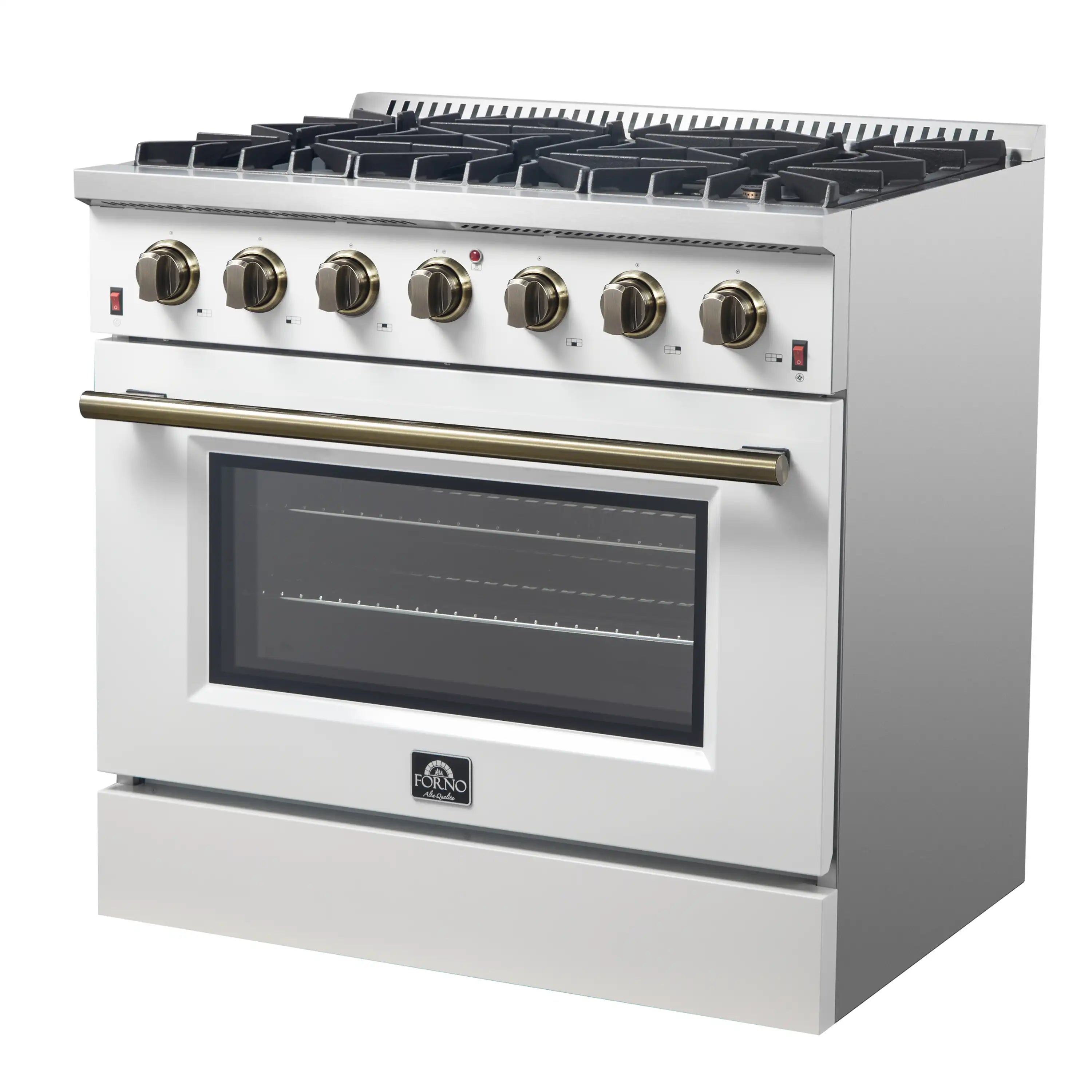 White gas range front with black cooktop, brass handle, and oven door
