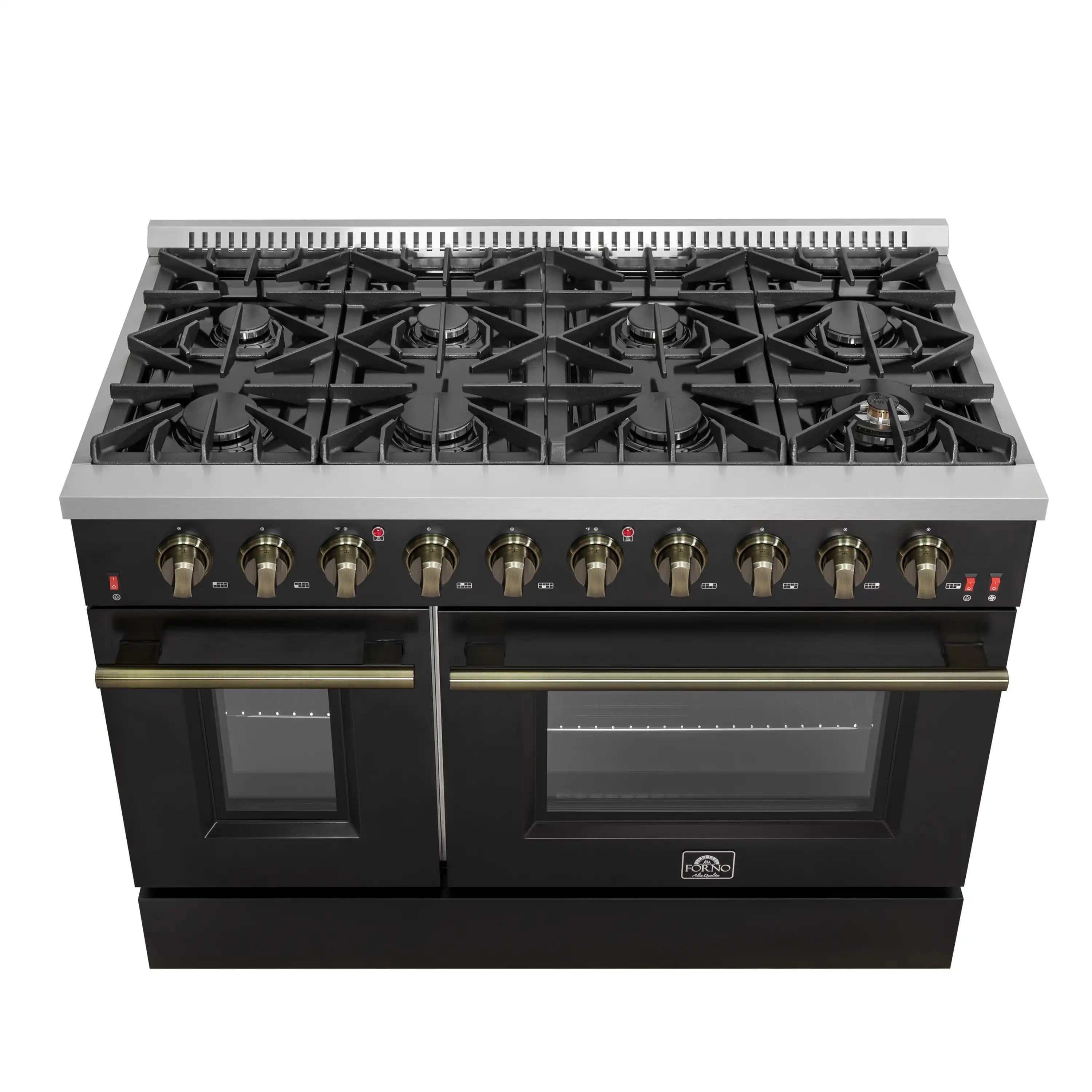 Black gas range with brass knobs, glass-front oven doors, and four burners shown