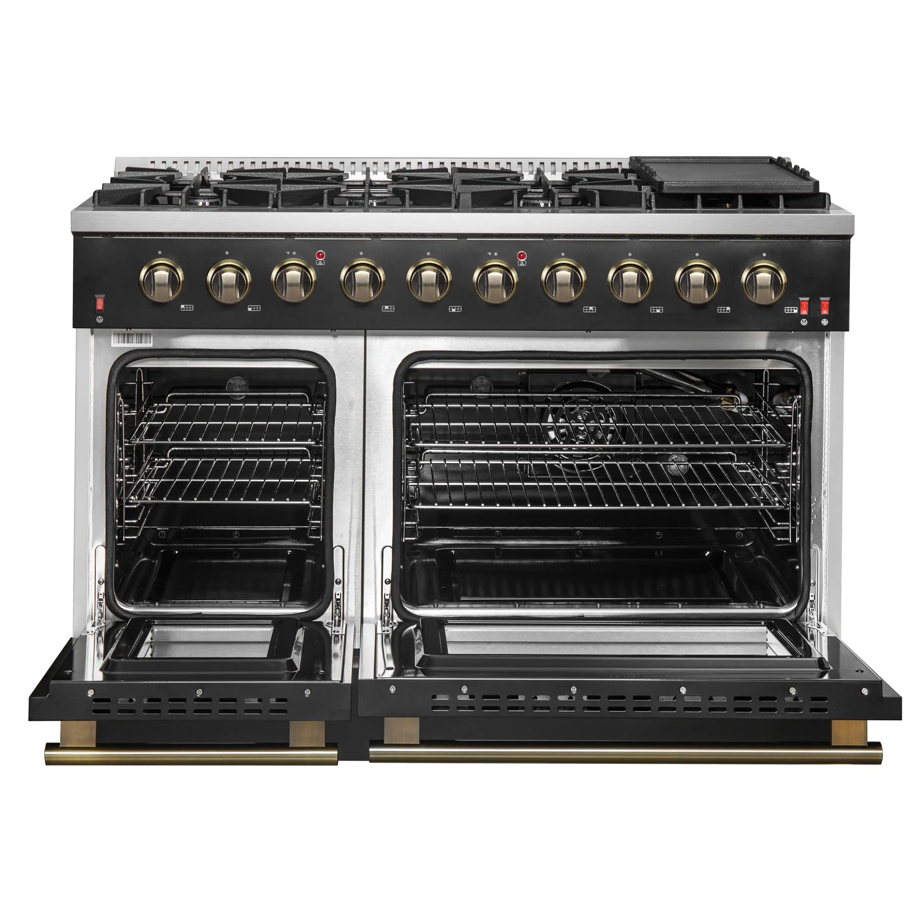 Black gas range with oven doors open, showing two racks and antique brass pull handles