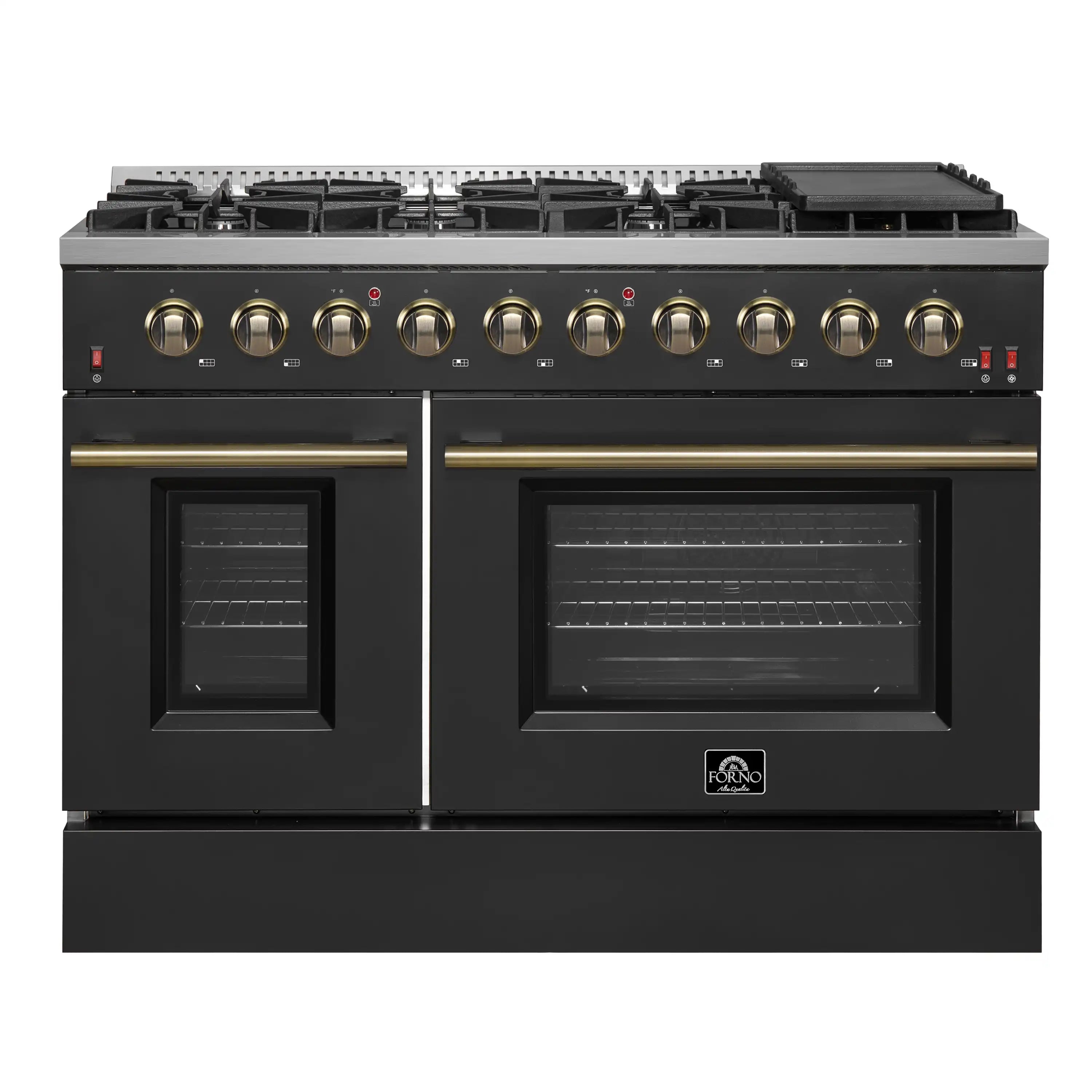 Black dual-oven gas range with brass knobs, two glass doors, and oven handles