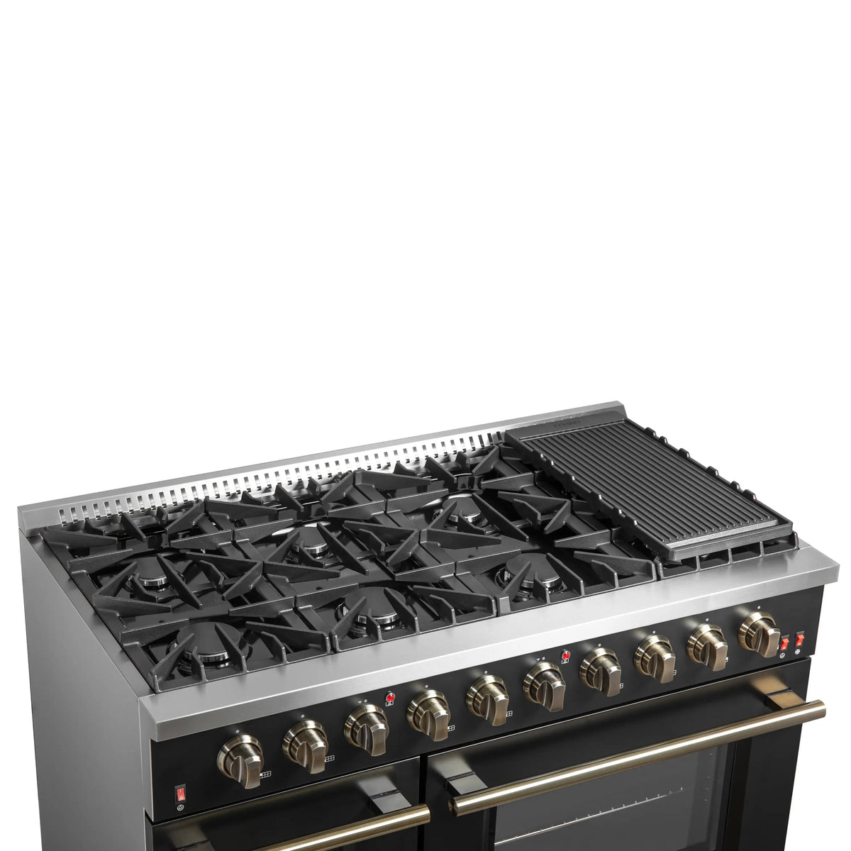 Black gas range with griddle on right, cast-iron grates, and brass control knobs