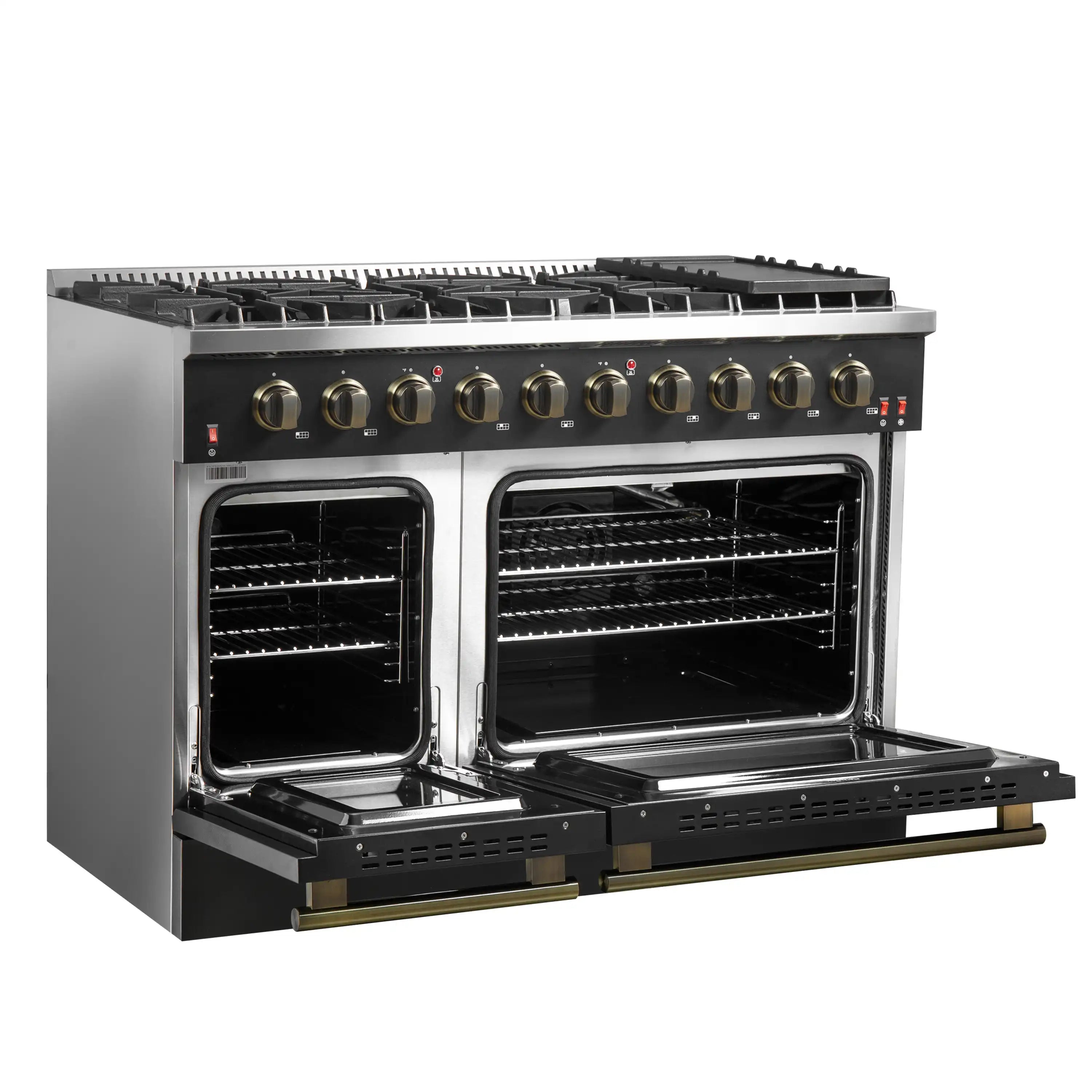Black gas range with both oven doors open and racks visible; antique brass trim on handles