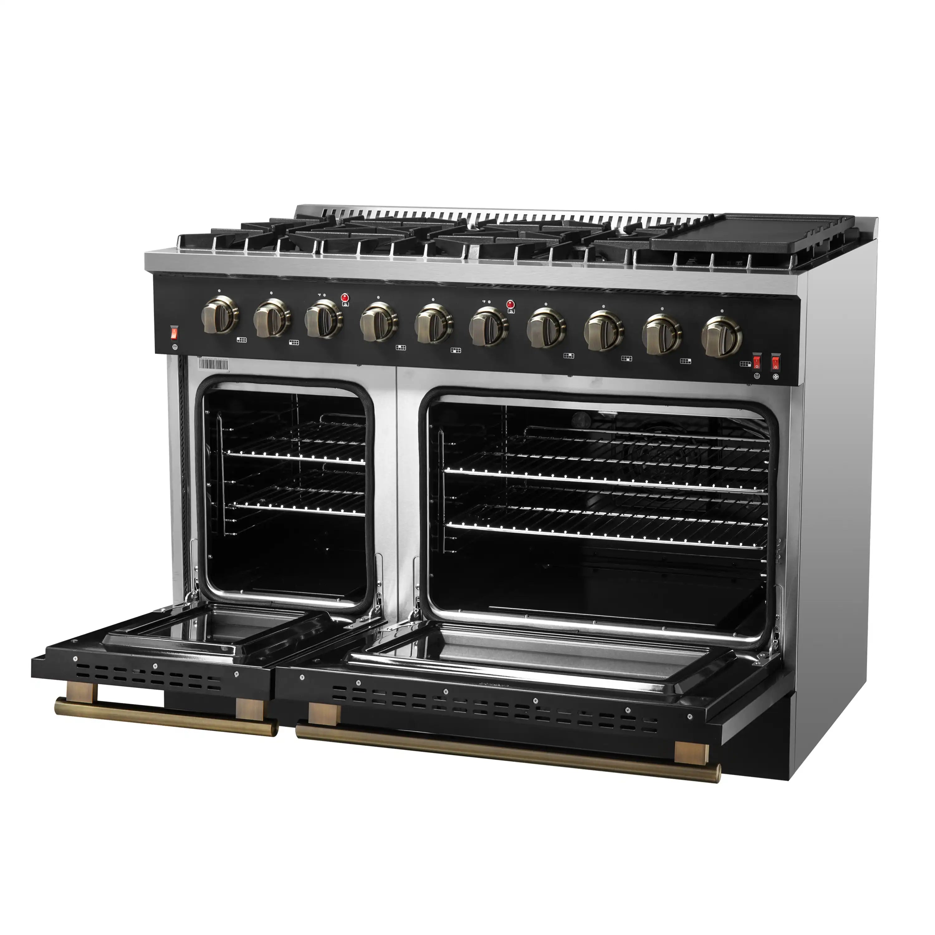 Black gas range with oven doors open and grates exposed; antique brass trim handles