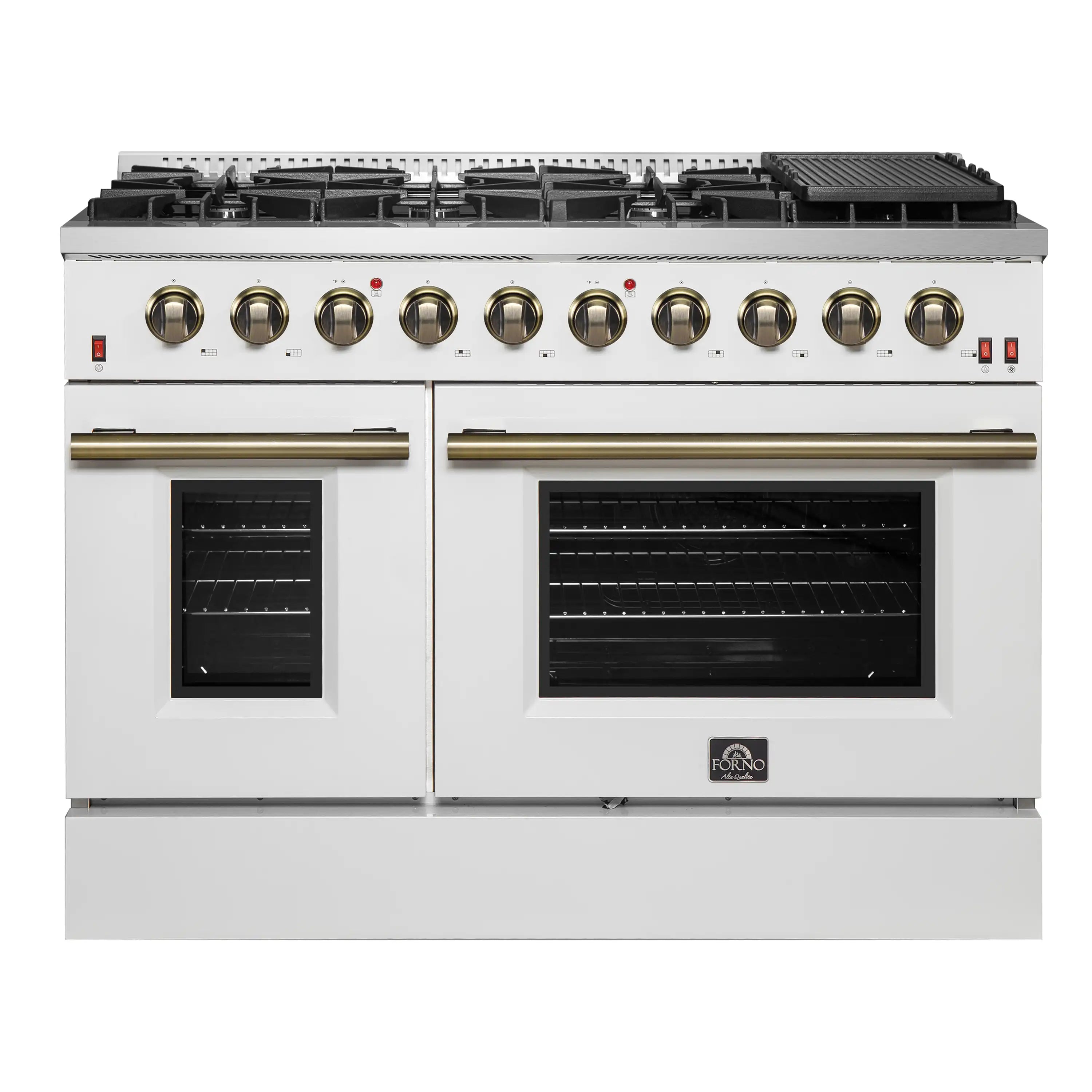White gas range with antique brass knobs and bar handles, two glass oven doors closed