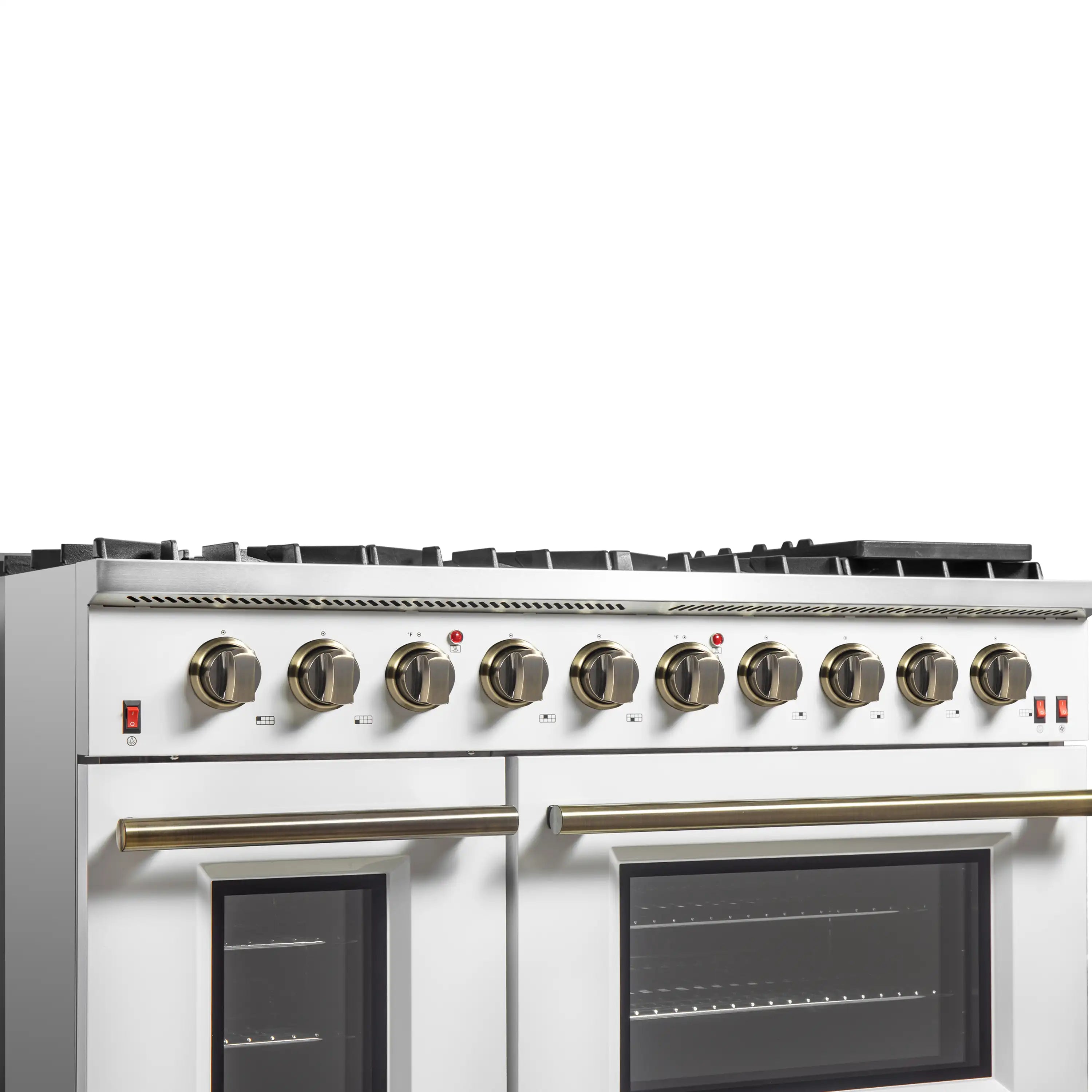 White gas range close front view with brass knobs and two glass oven doors