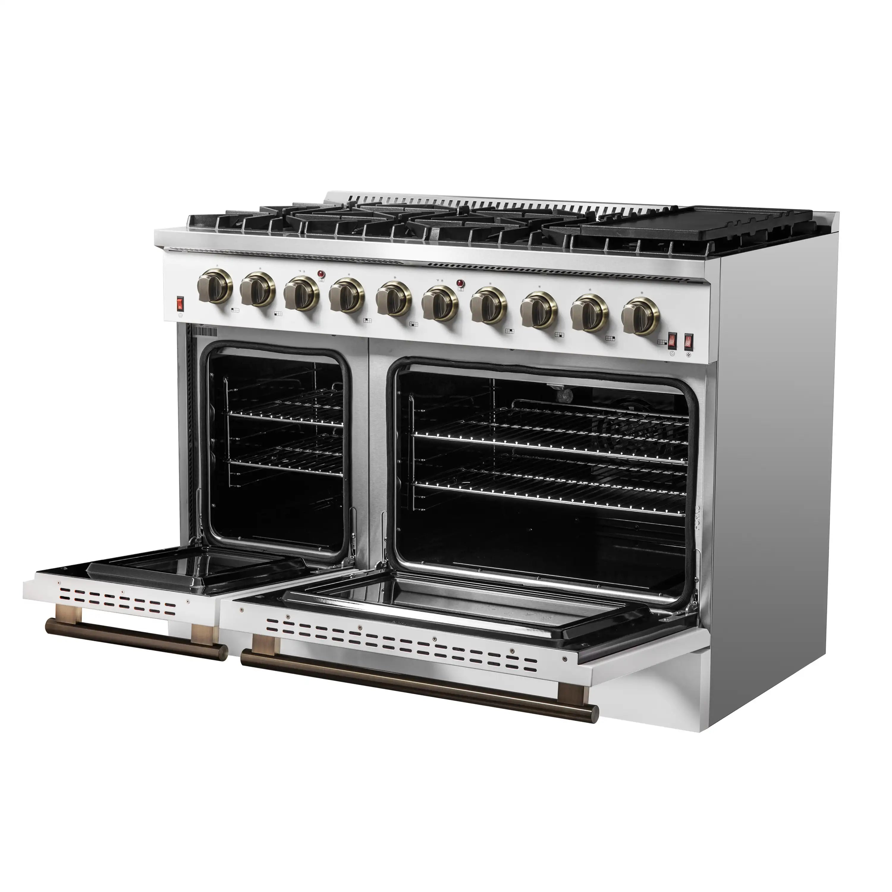 White gas range with both oven doors open and cooktop burners installed