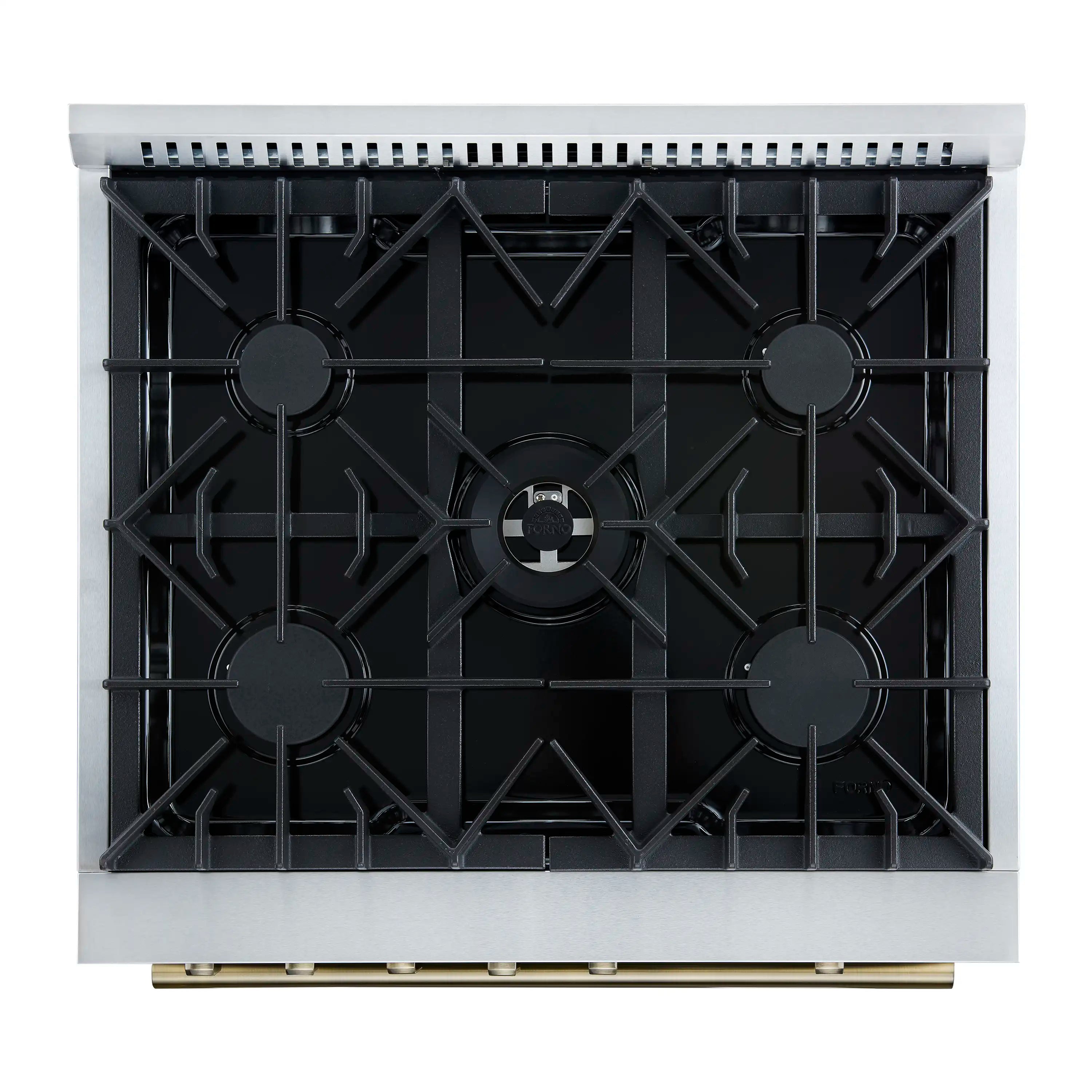 Black gas range cooktop with five cast-iron burner grates