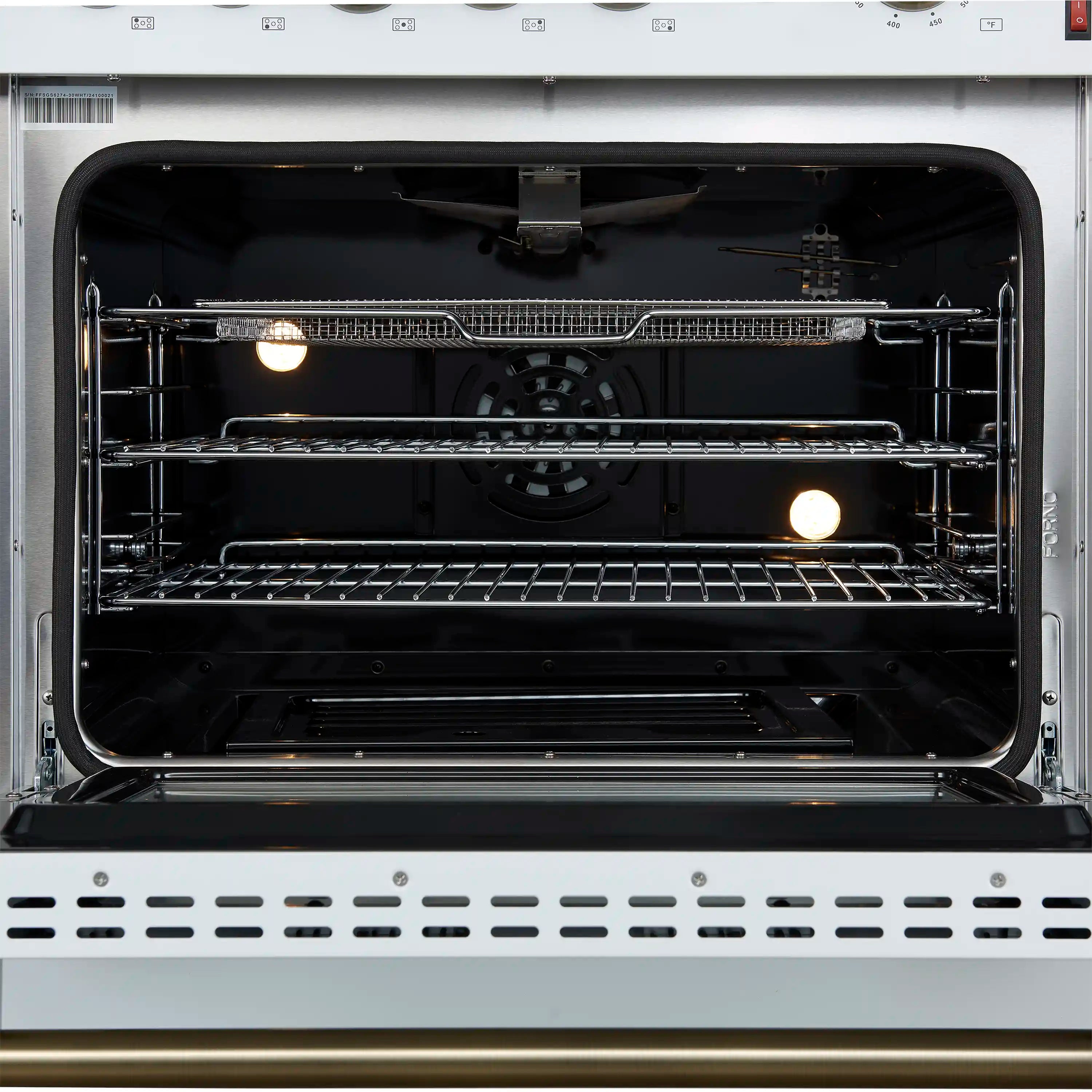 Gas oven interior view with lit convection element and two rack levels