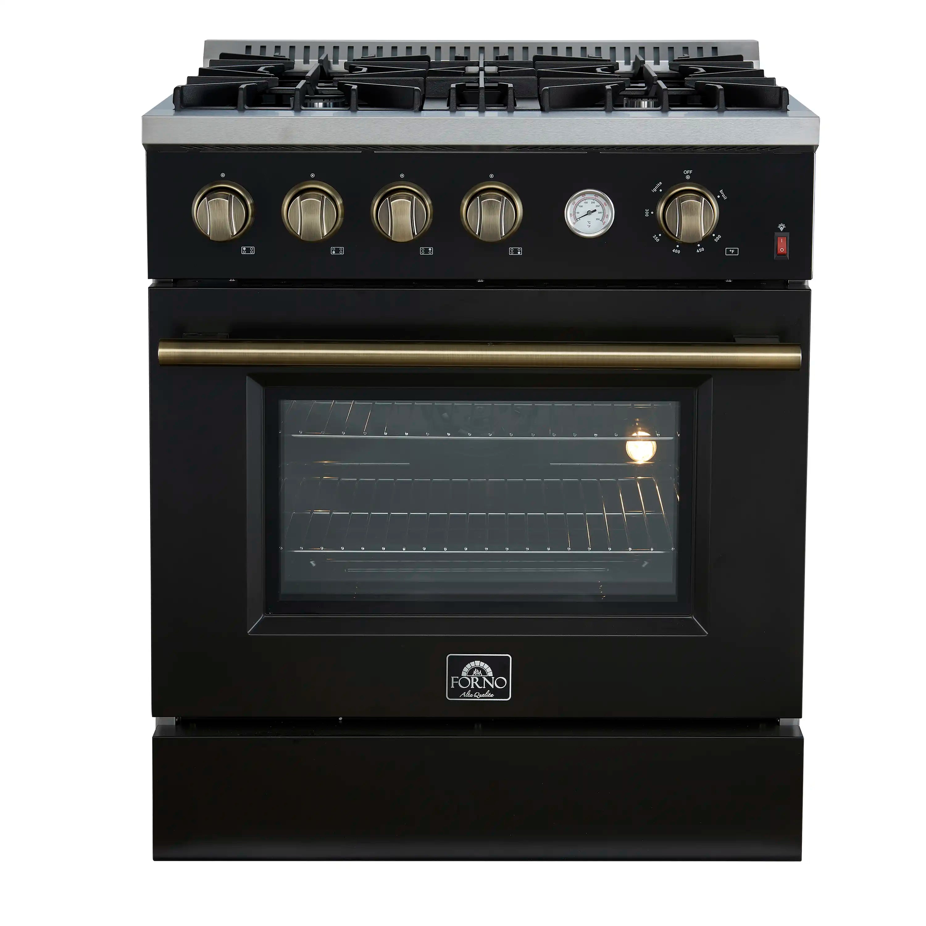 Black gas range with brass knobs and convection oven door window, 4-burner cooktop.