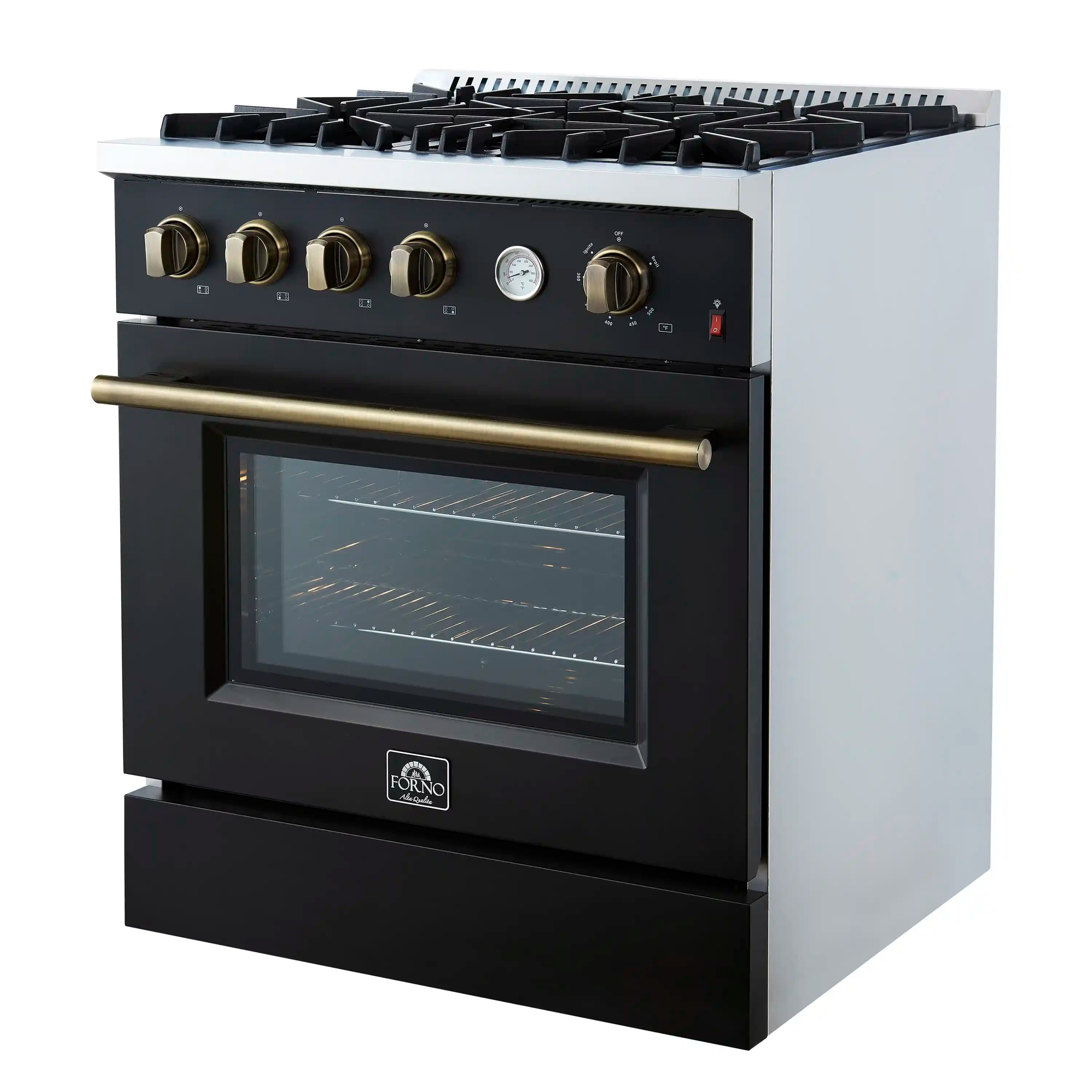 Black gas range with brass knobs, 4-burner grates, and convection oven glass door.