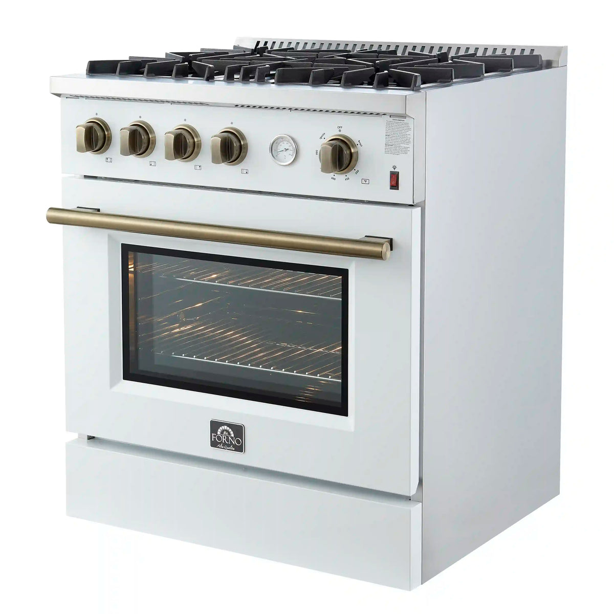 White 30-inch gas range with four burners, brass knobs, and oven window