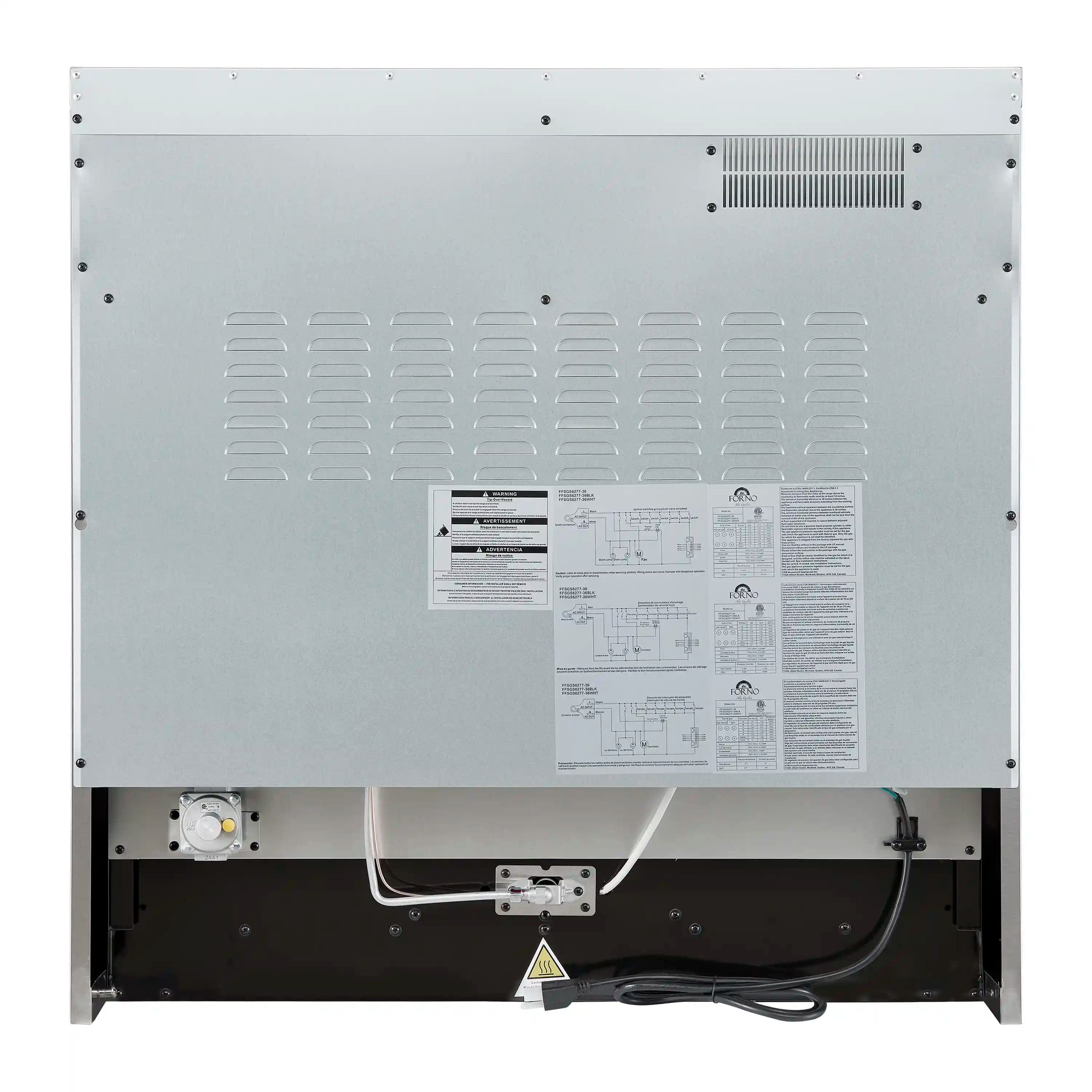 Back of 36-in gas range with vent grille, wiring, and access panel