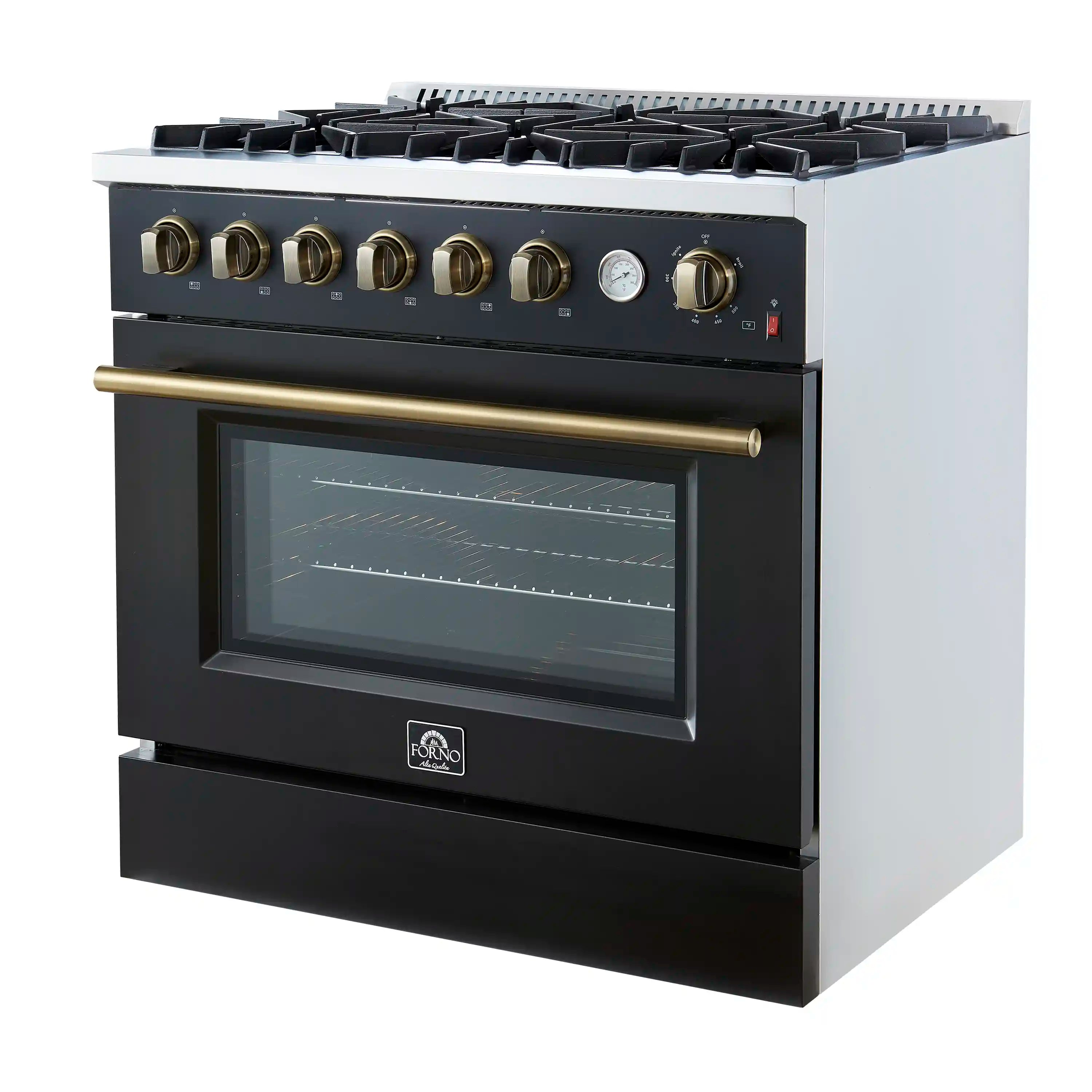 Black 36-in gas range with 6 burners, convection oven window, and brass handle