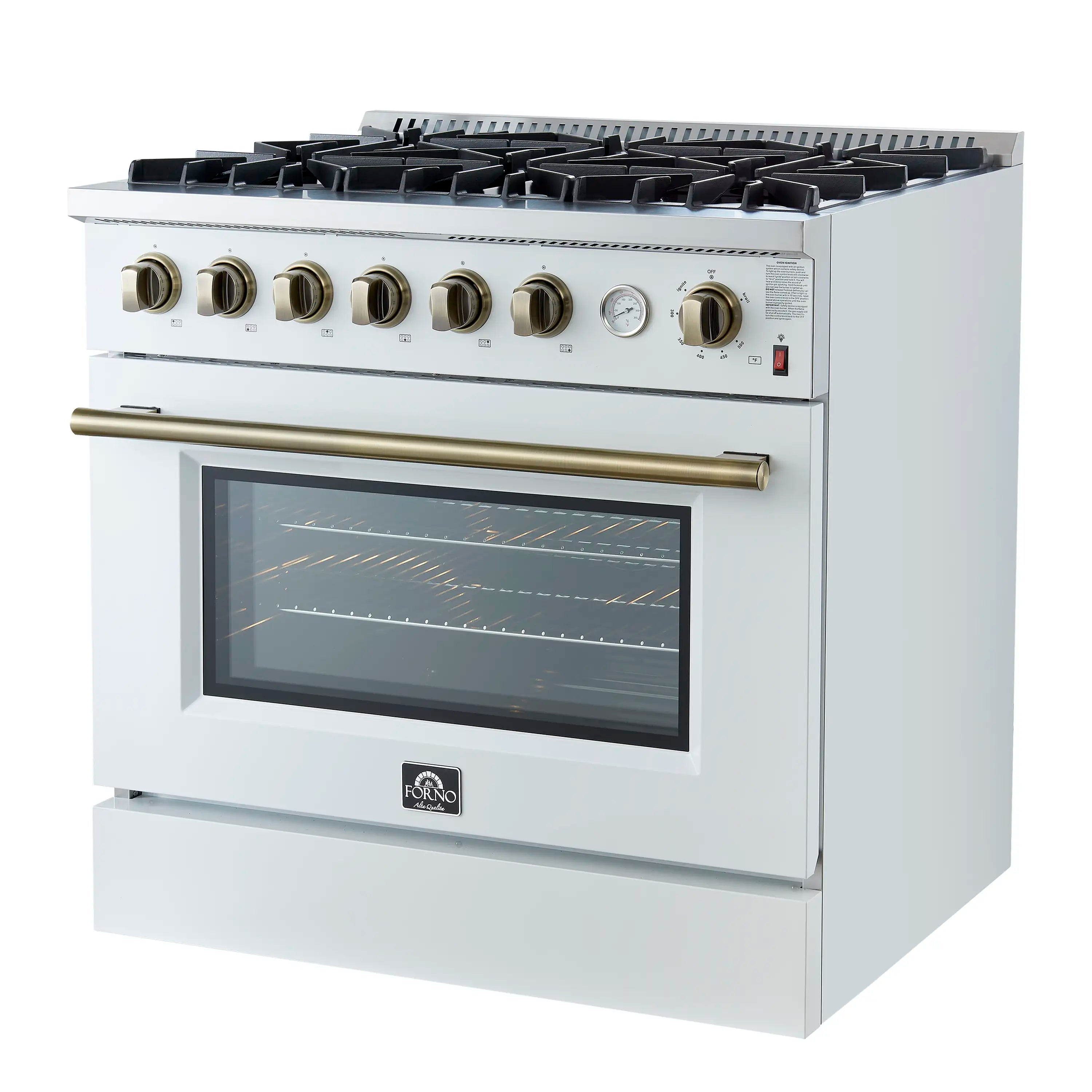 White 6-burner gas range with brass control knobs, oven window, and brass handle