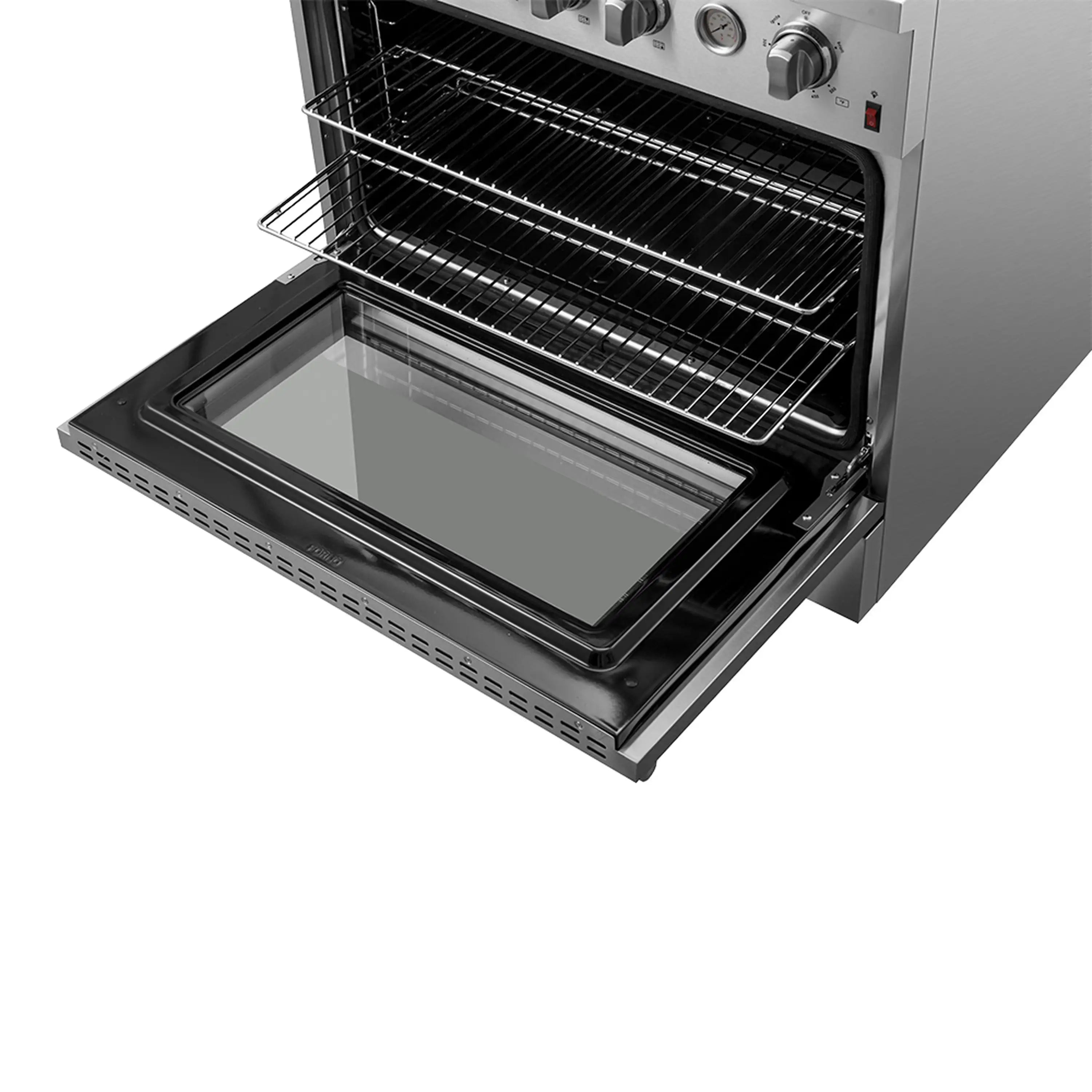 Open stainless steel oven drawer with black glass door and wire rack