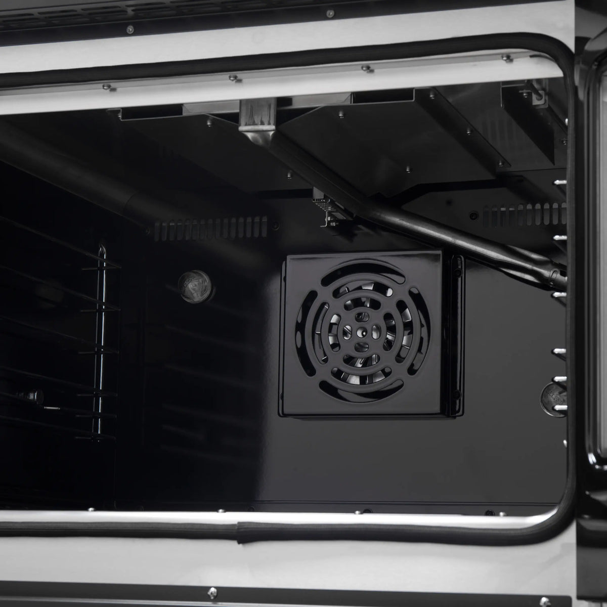 Black gas oven interior with oven rack and rear fan vent panel