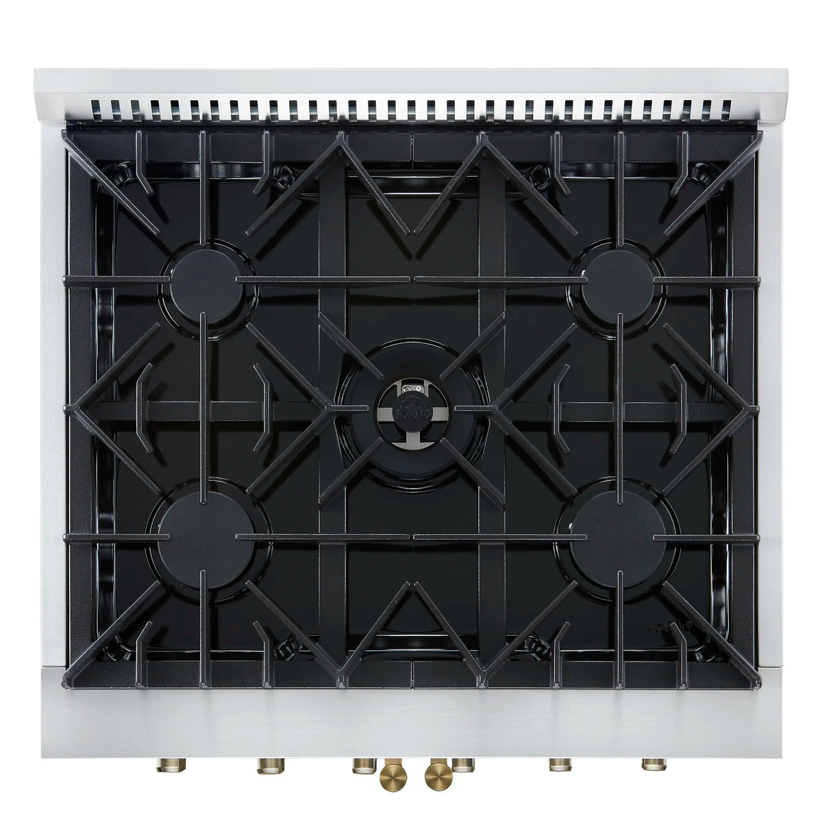 White gas range cooktop with black grates and brass-colored burner knobs