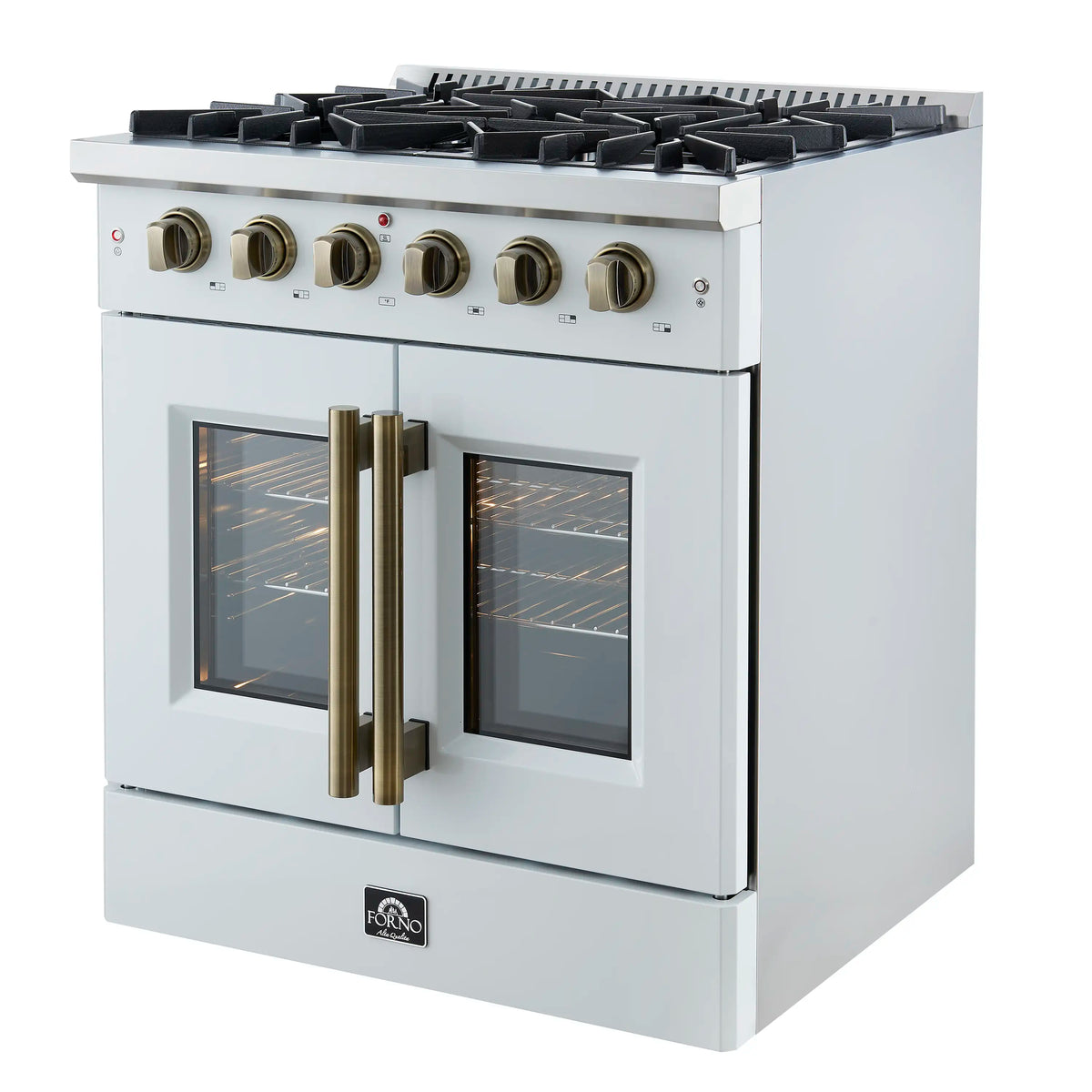 White French door gas range with two oven windows and tall antique brass side handles
