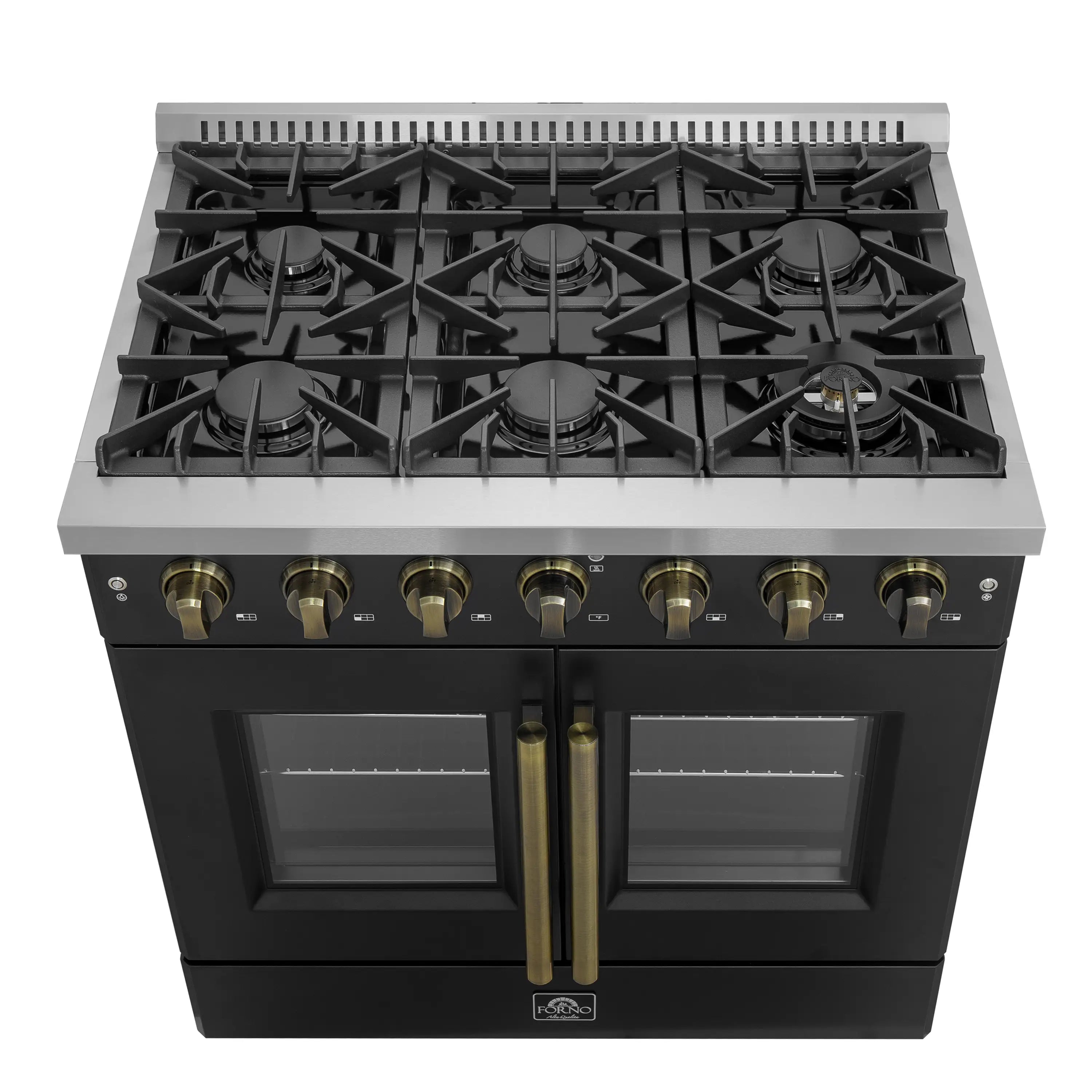 Black gas range cooktop with five burner grates and brass center knobs and handle