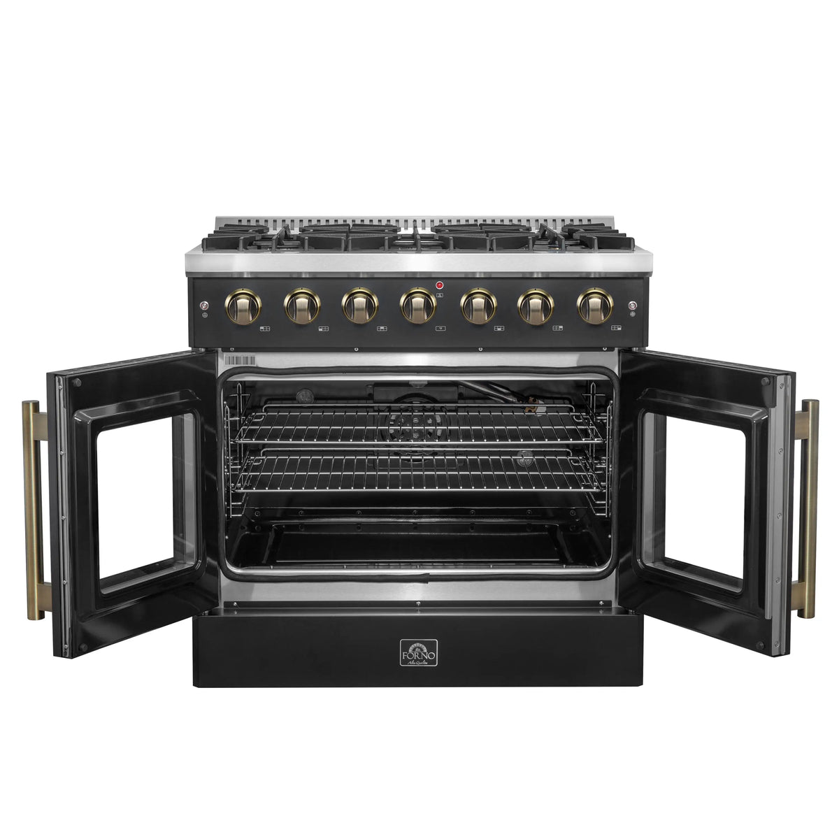 French door gas range with oven doors open, showing racks and wiring inside