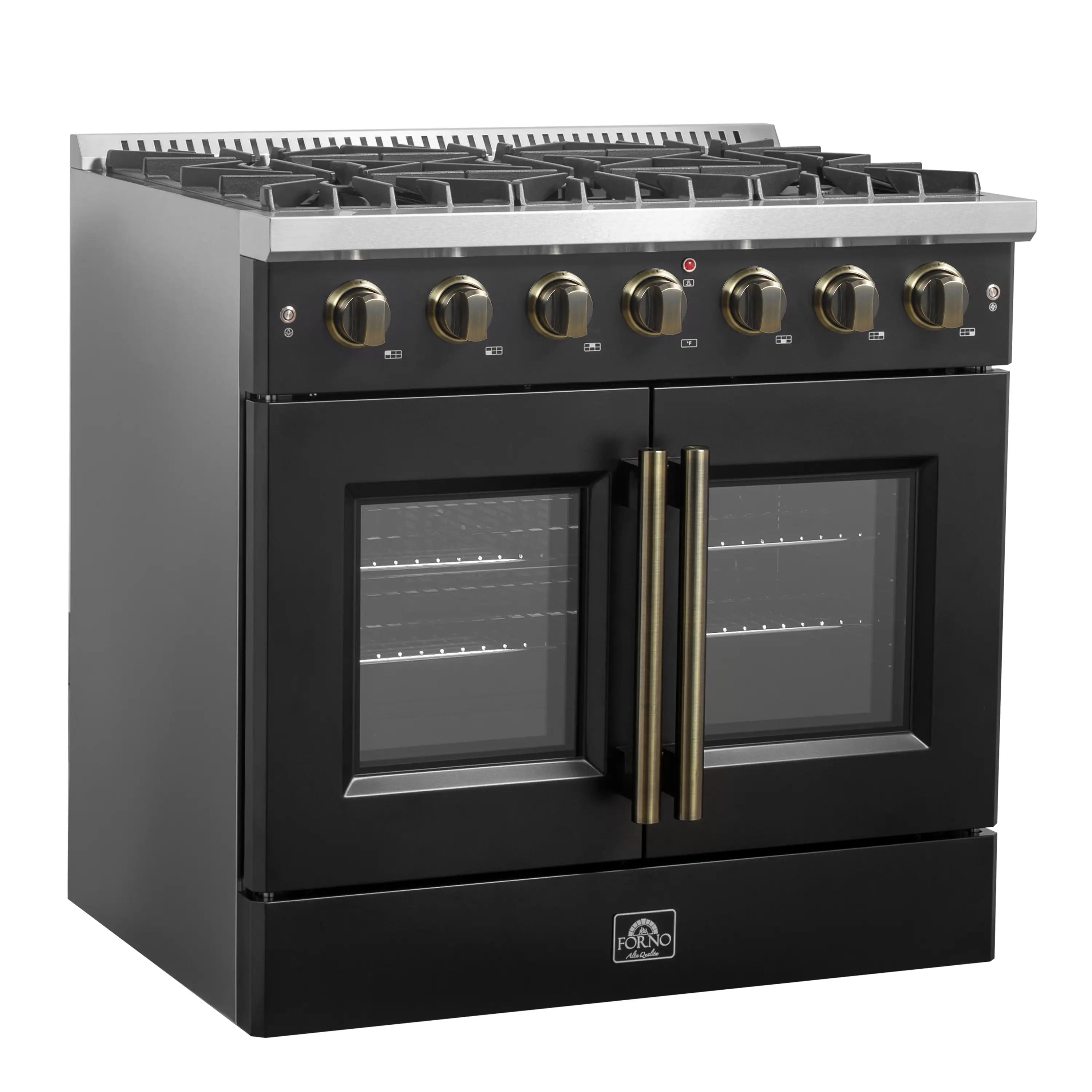 Black French door gas range with twin oven doors, brass handles, and burner knobs