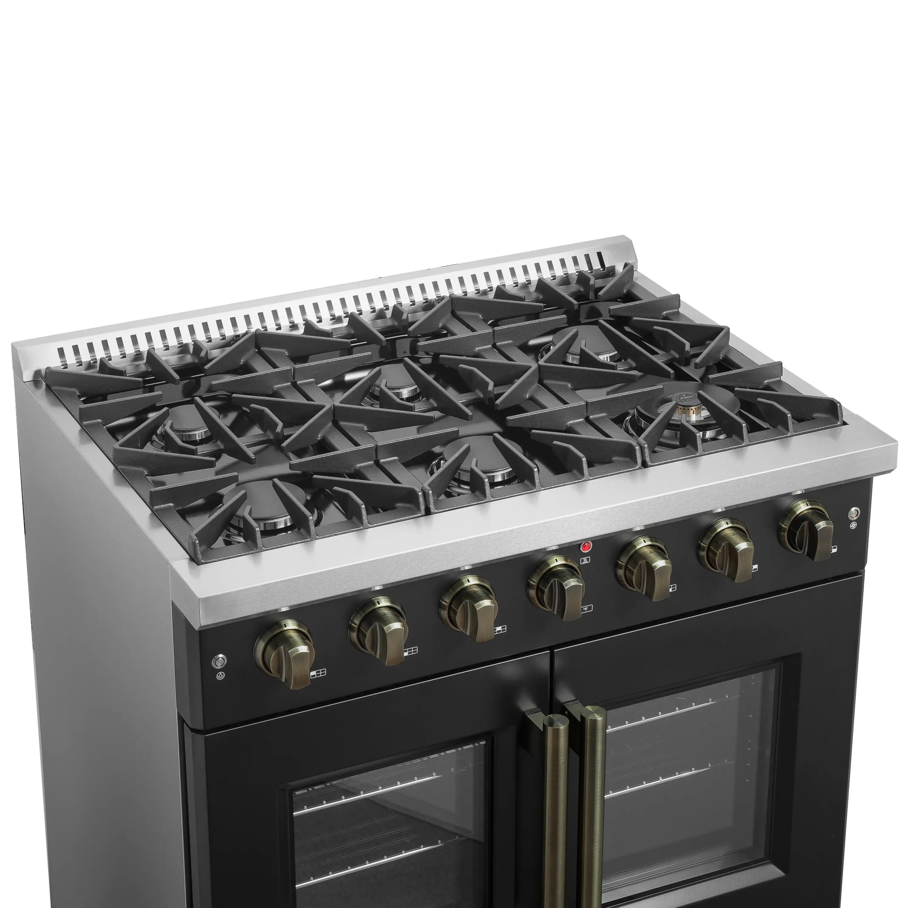 Black gas range cooktop with six burners and brass-trim control panel