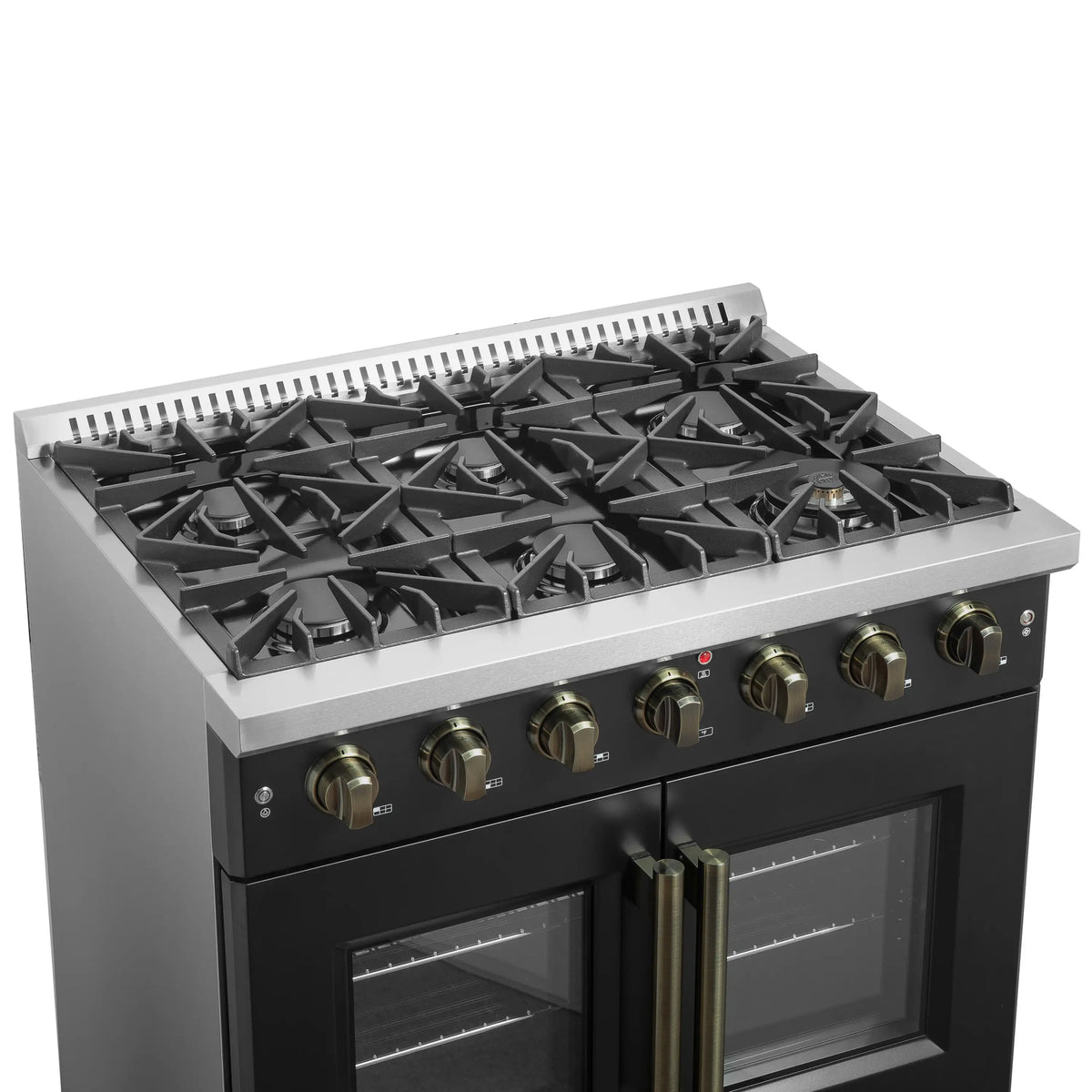 Black gas range cooktop with cast grates and gold control knobs