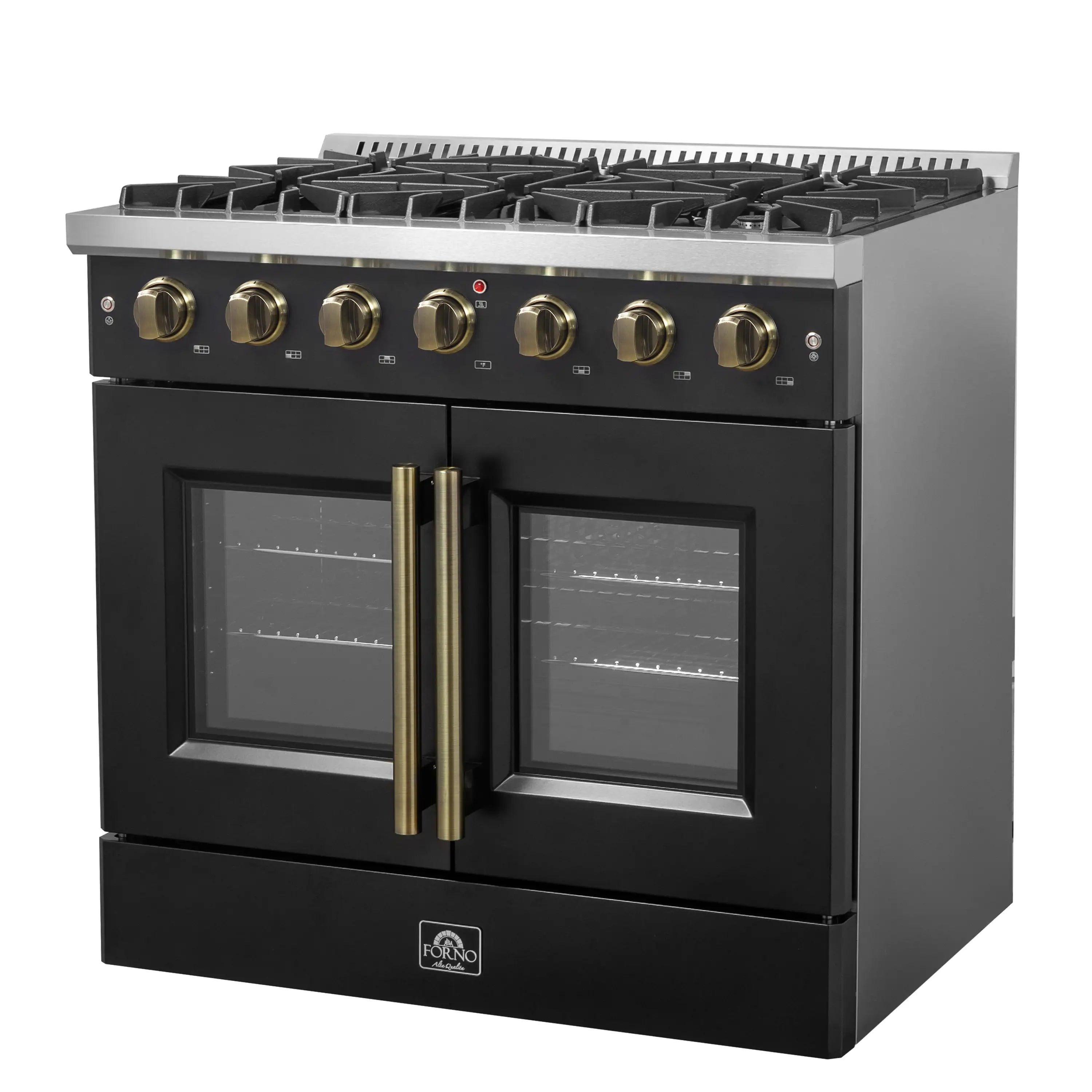 Black gas range with burner grates, brass knobs, and two oven doors with handles