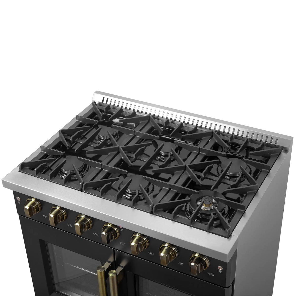 Black gas range cooktop featuring multiple burners and gold control knobs