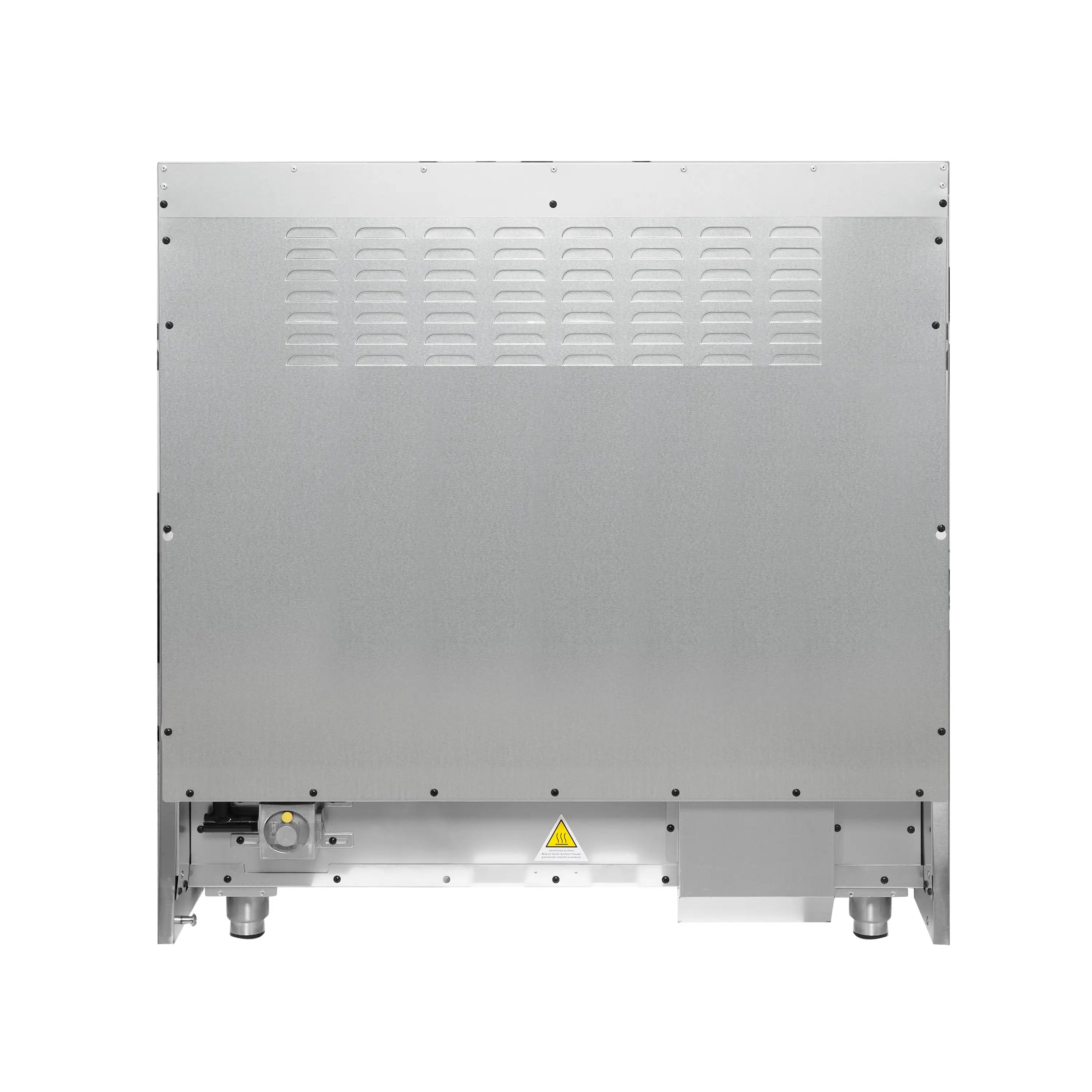 Forno Galiano white gas range back panel with vents, screws, and warning triangle