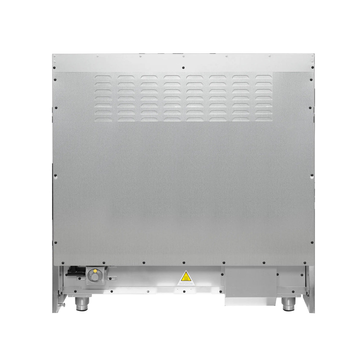 White gas range rear panel with vented grille and warning label