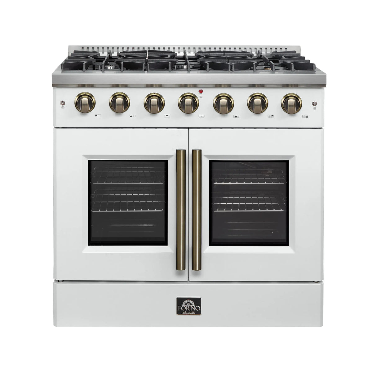 White gas range with six burners, dual glass ovens, and gold control knobs