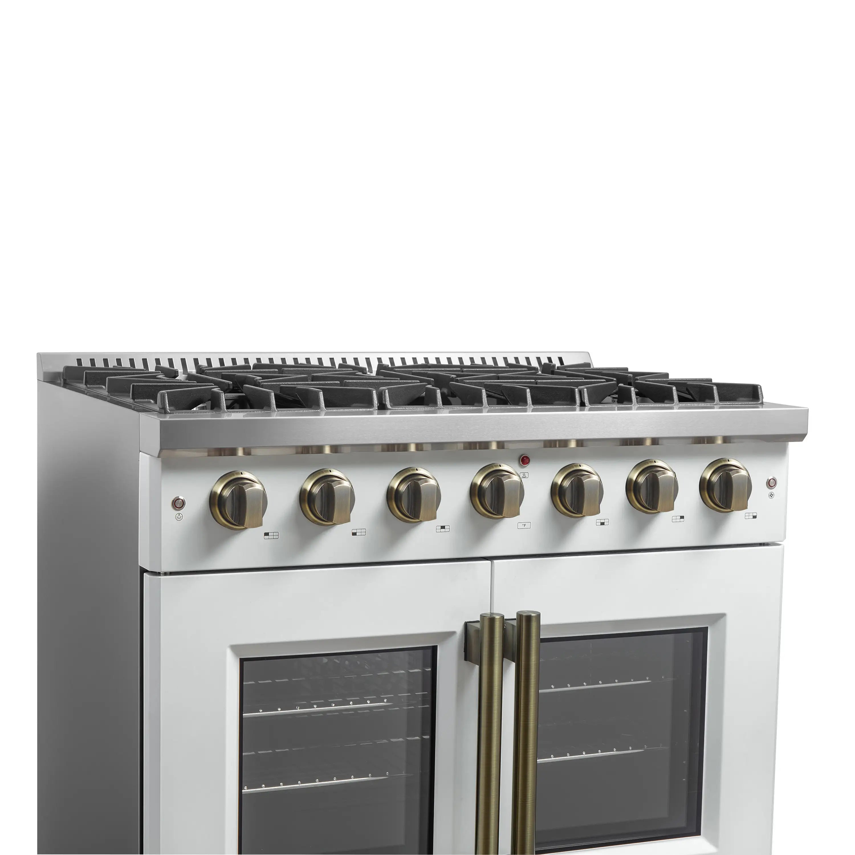 White gas range front view with brass control knobs and two oven windows.