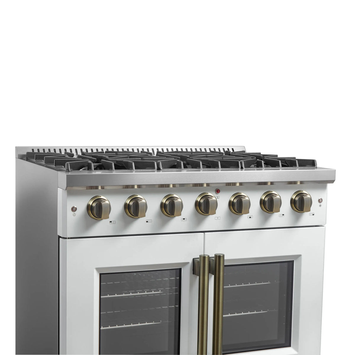 White 36-inch gas range with burner grates, control panel, and dual oven windows