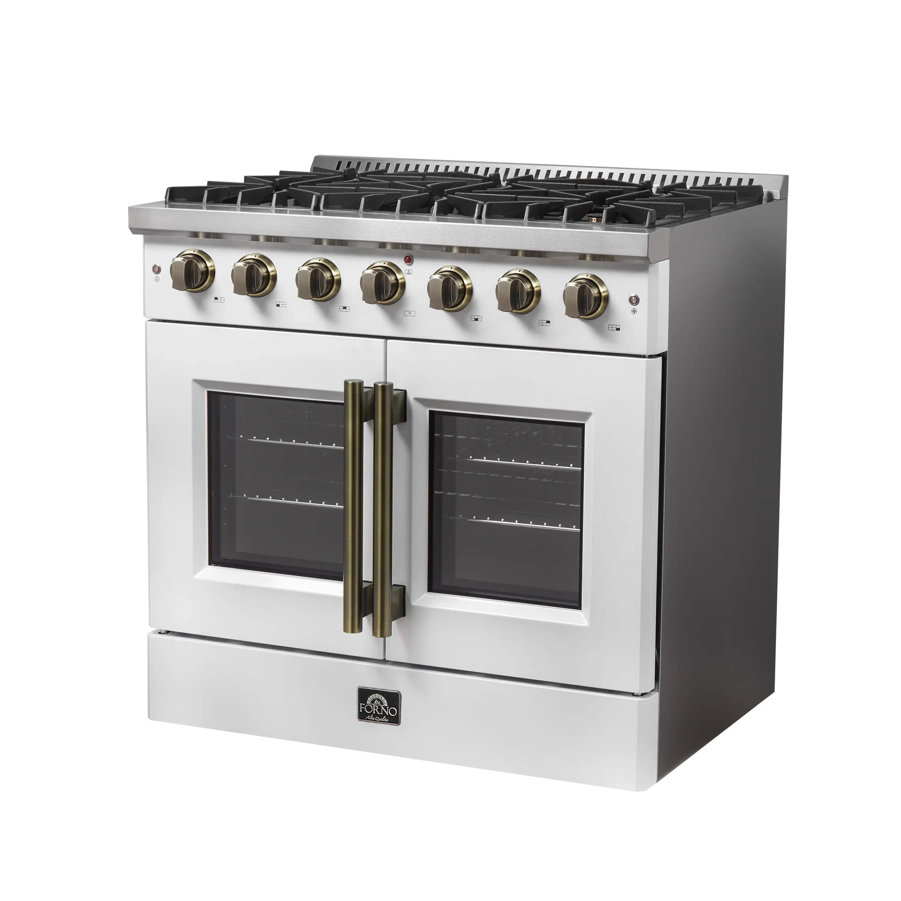 White gas range with brass trim, dual oven windows, and black cooktop burners.