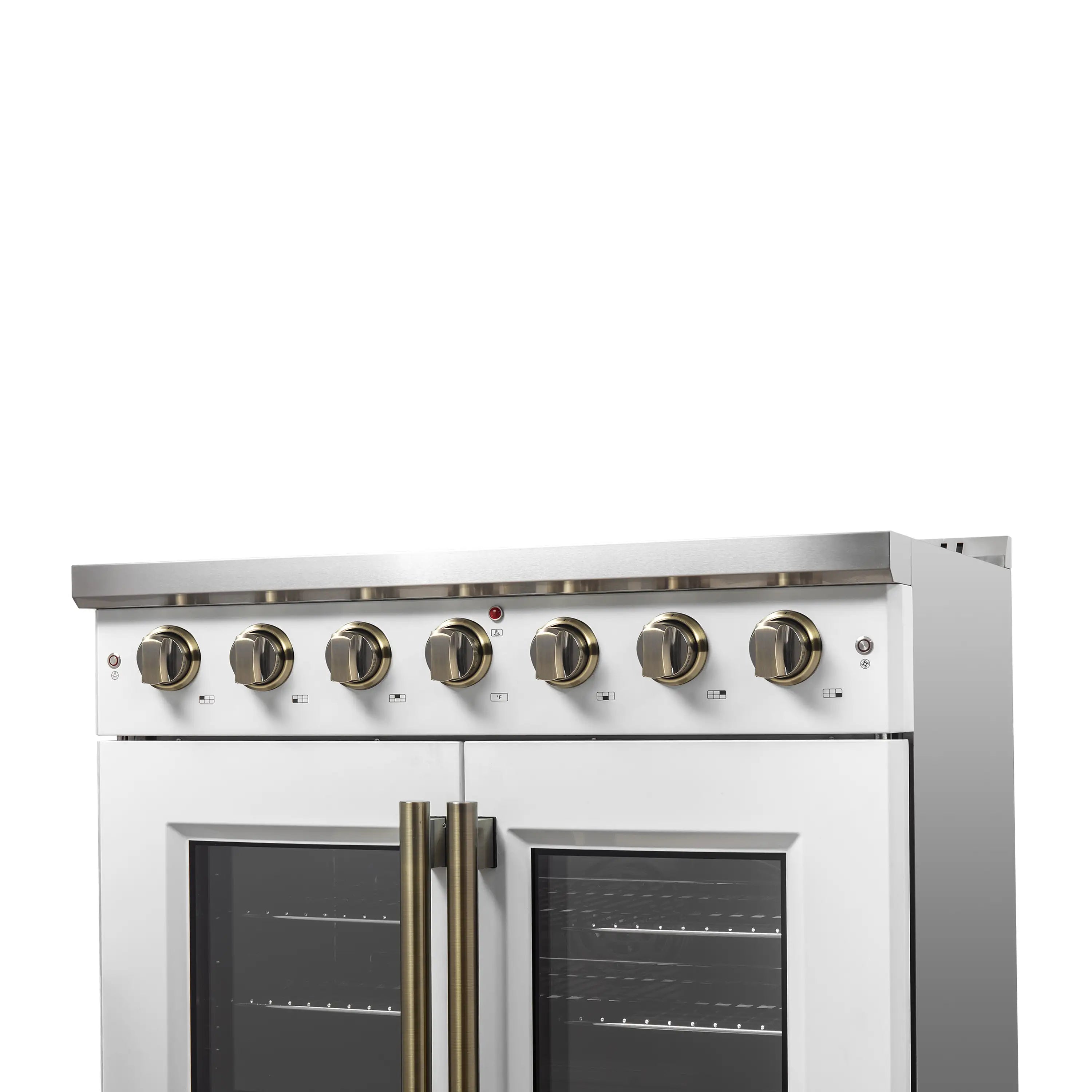 White gas range front with brass control knobs and two oven windows.