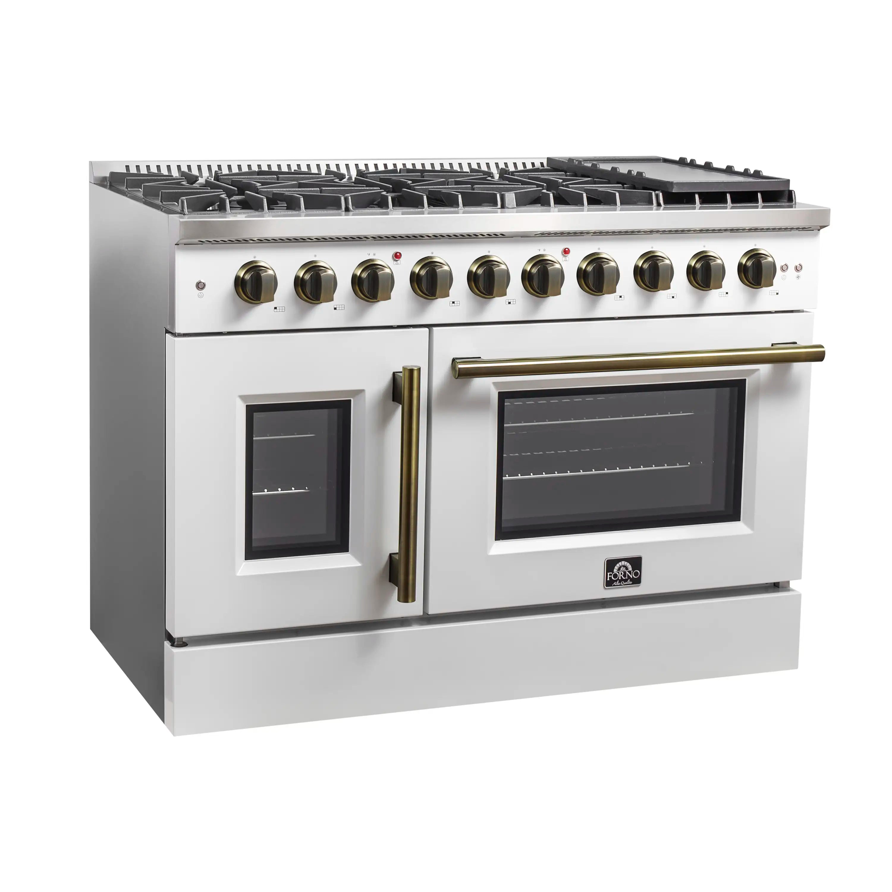 White gas range with 8 burners and two oven doors closed, brass handles and knobs