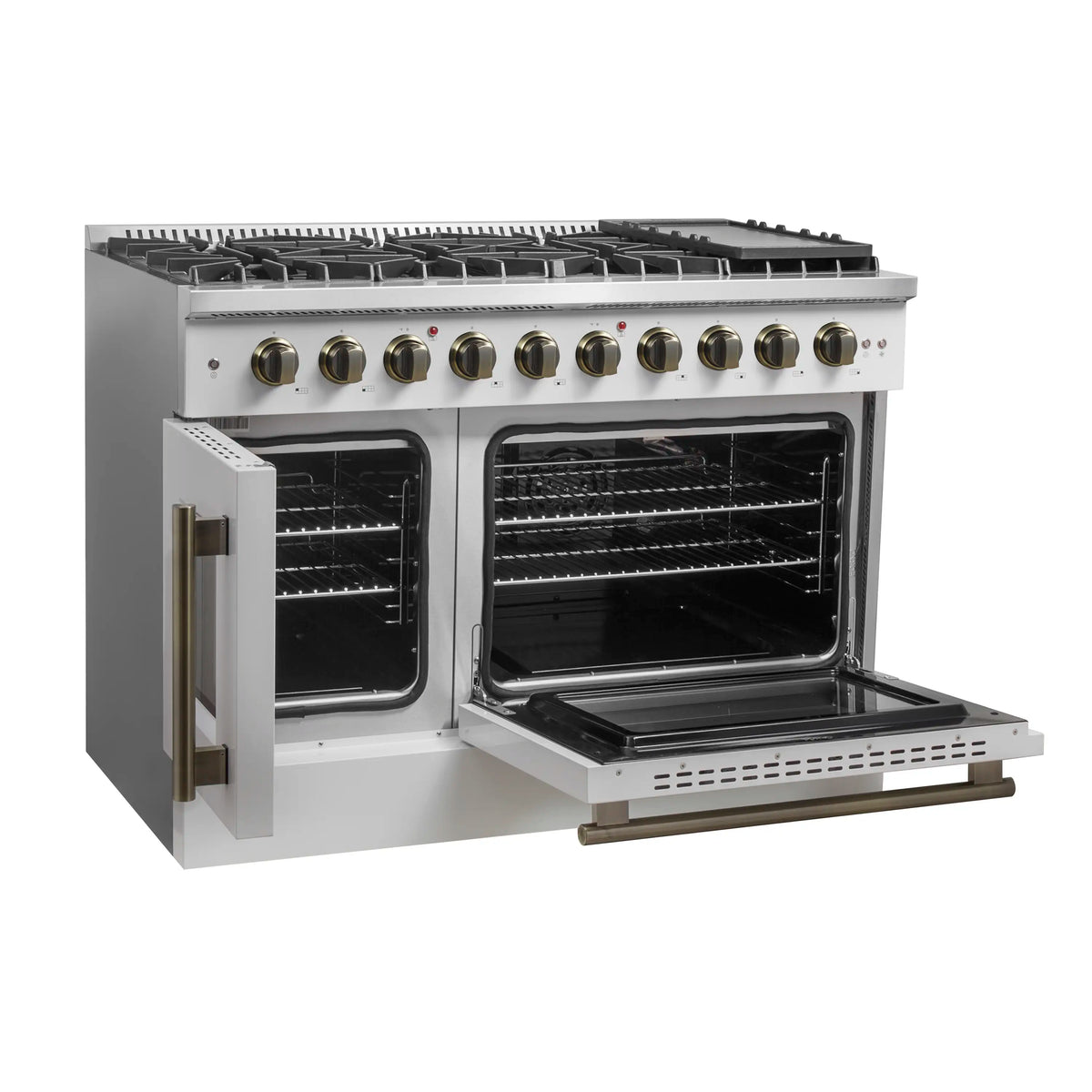 White gas range with dual ovens open, showing racks and burner grates
