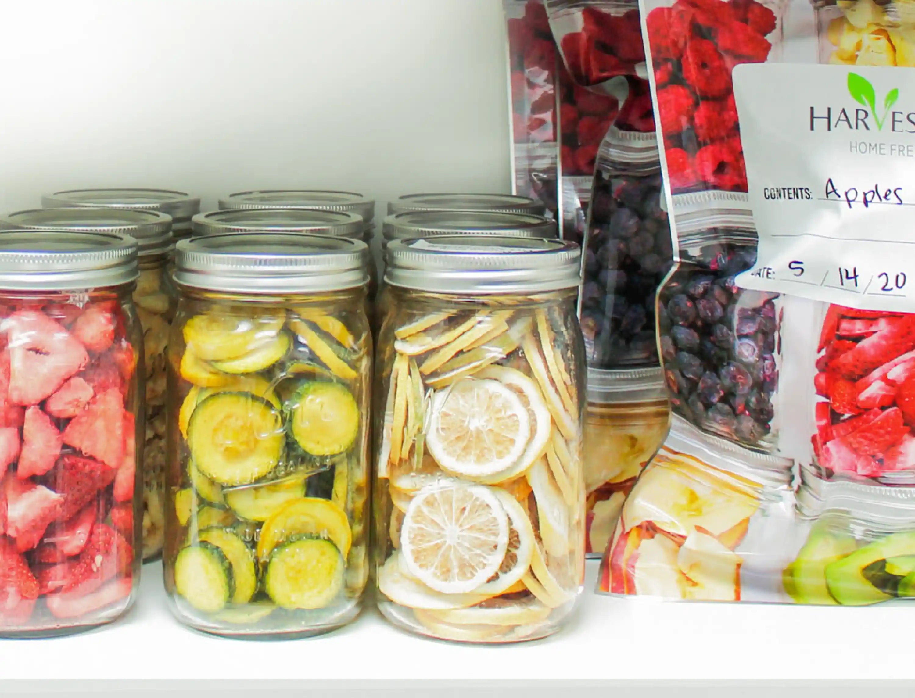 Assorted freeze-dried food jars with citrus slices and vegetable rounds
