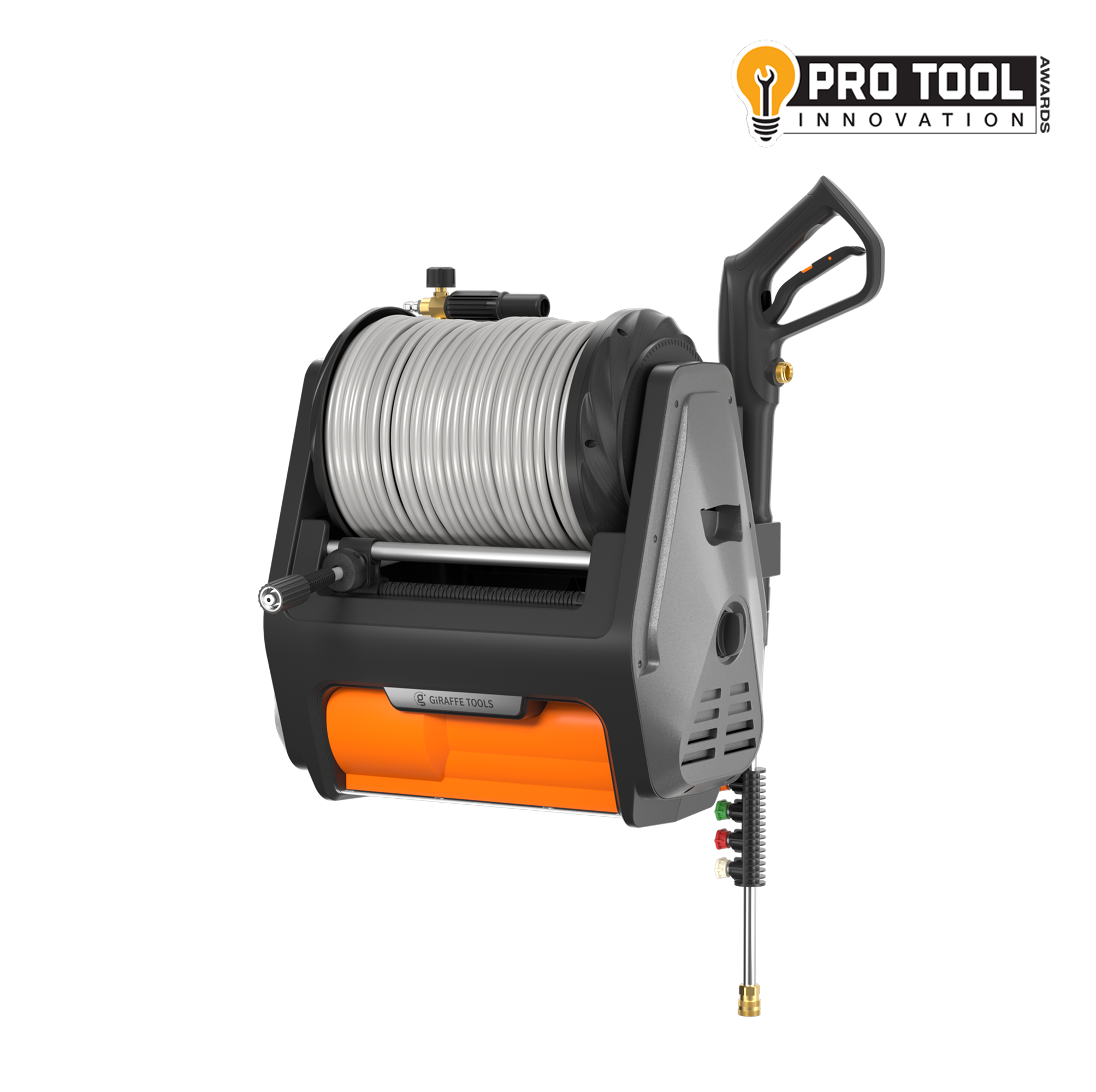 Retractable pressure washer unit with gray housing, orange base, and coiled hose