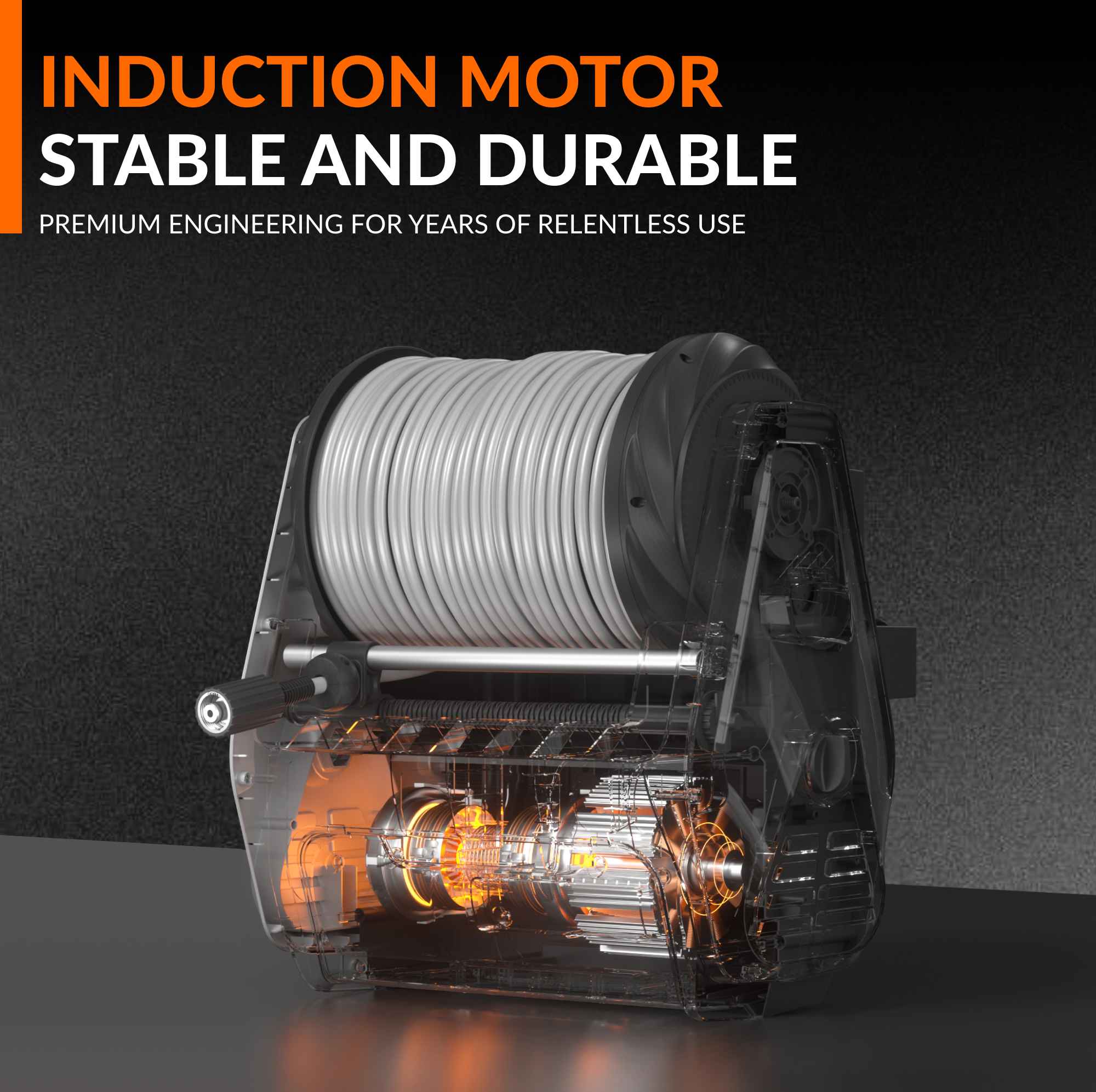 Retractable pressure washer hose reel with visible internal engine components