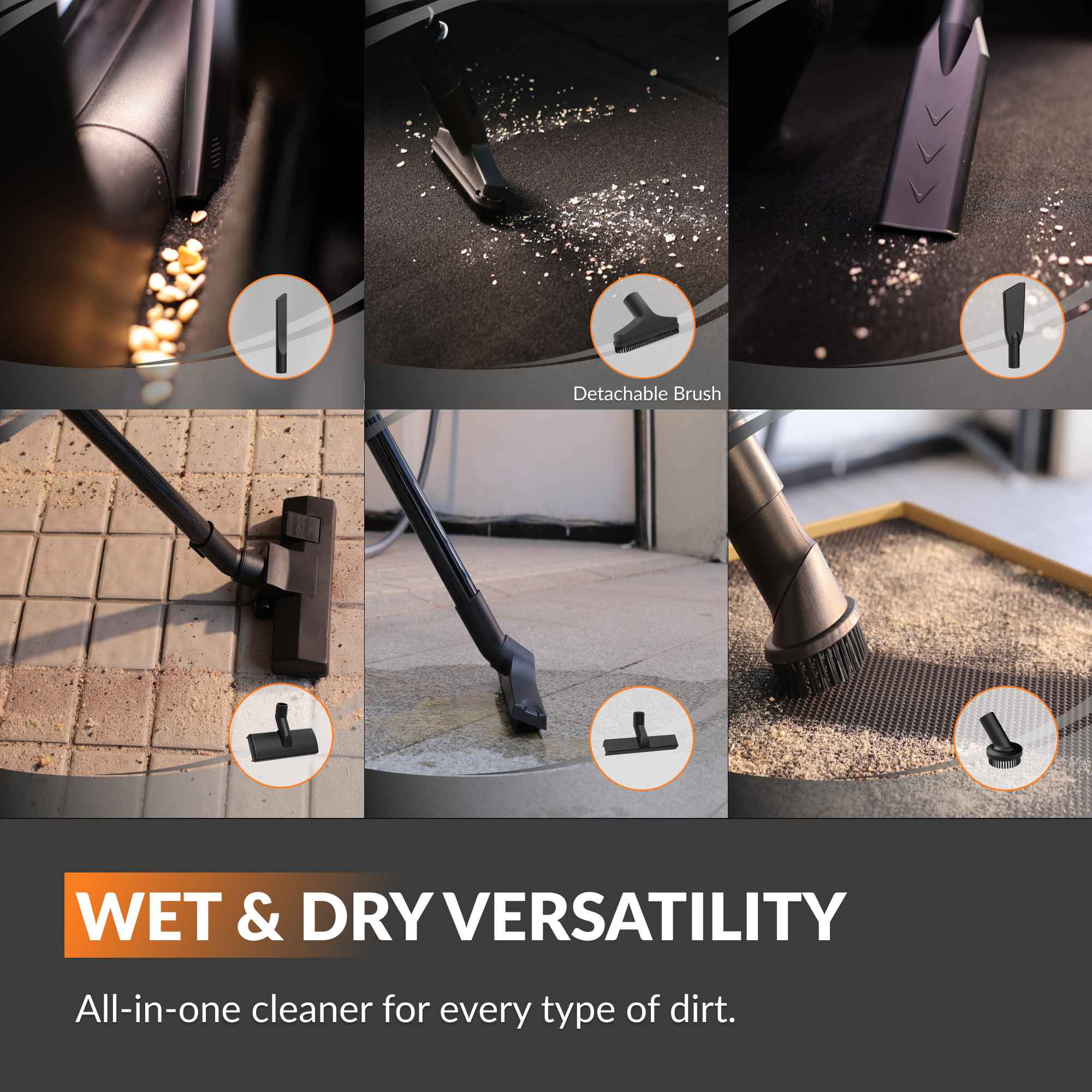 Vacuum nozzle attachments shown for wet and dry cleaning on surfaces