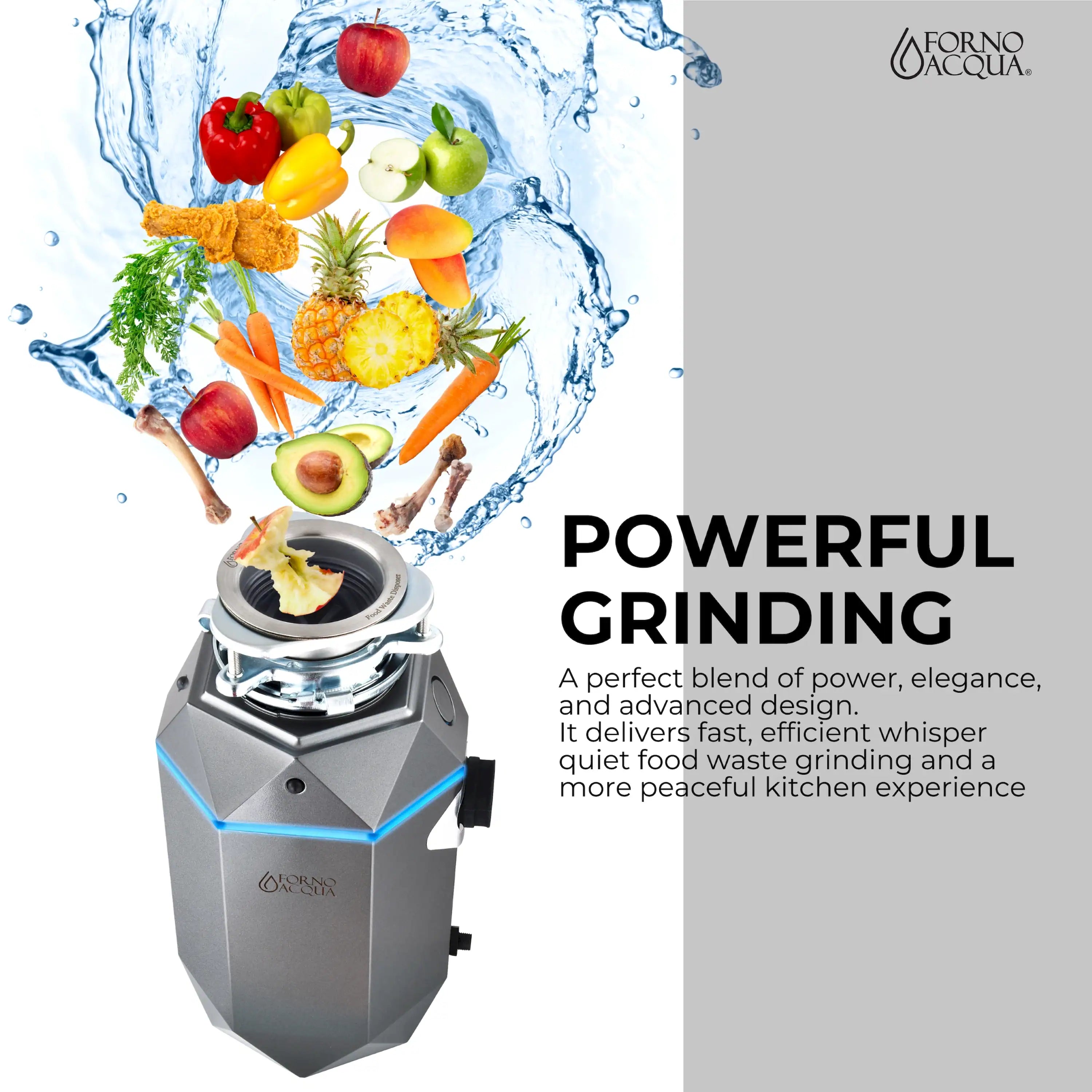 Powerful garbage disposal grinding motor with dark housing and splash cover