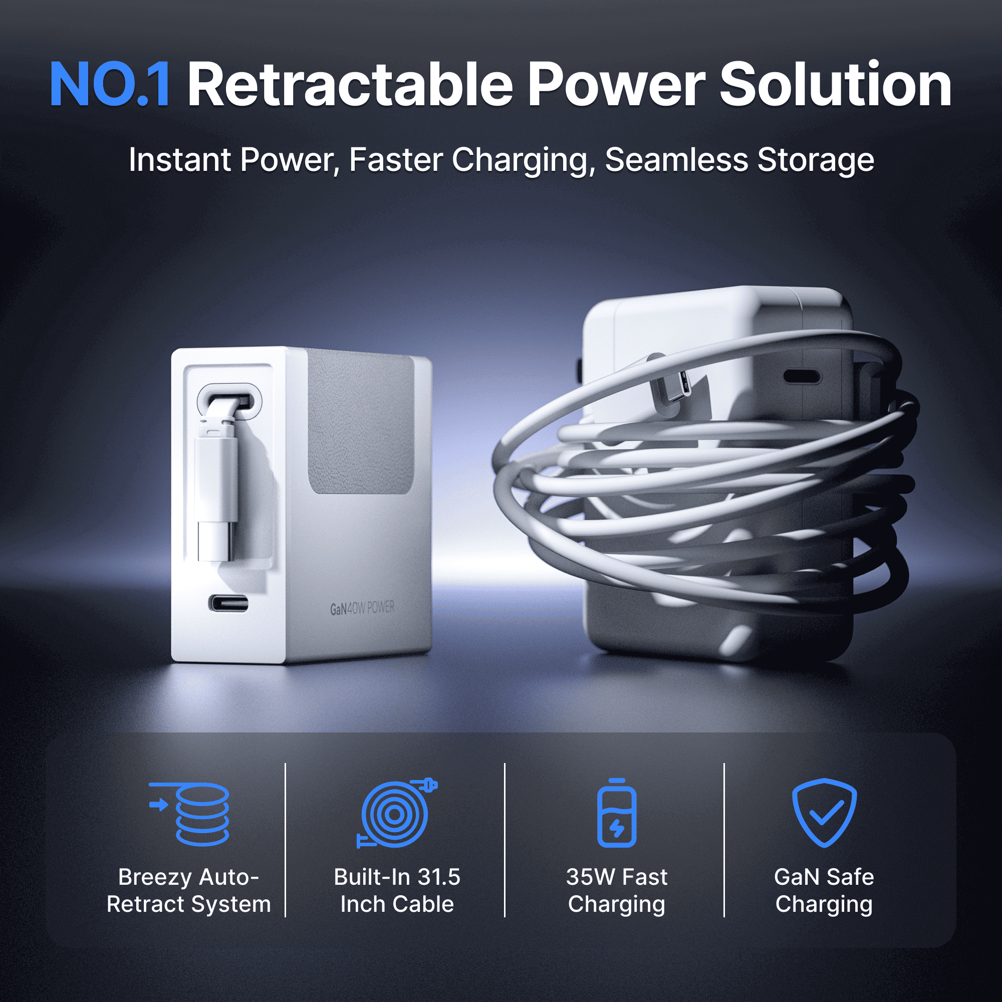 White GaN 40W retractable charger with built-in cable extended from side