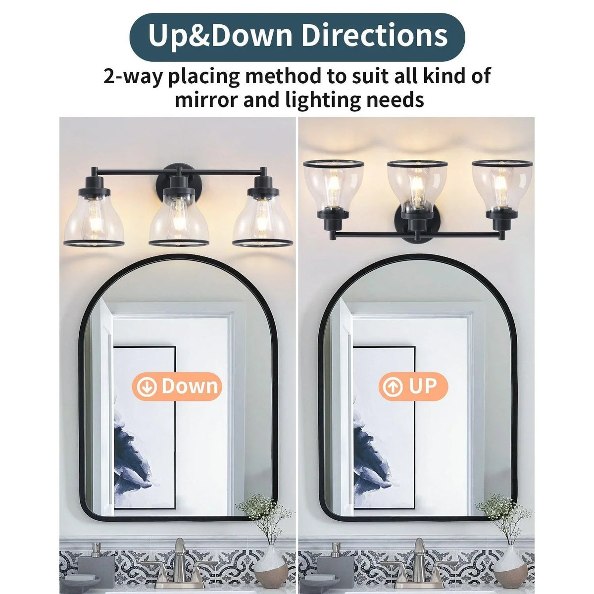 Black 3-light bathroom vanity light above a mirror with three clear glass shades